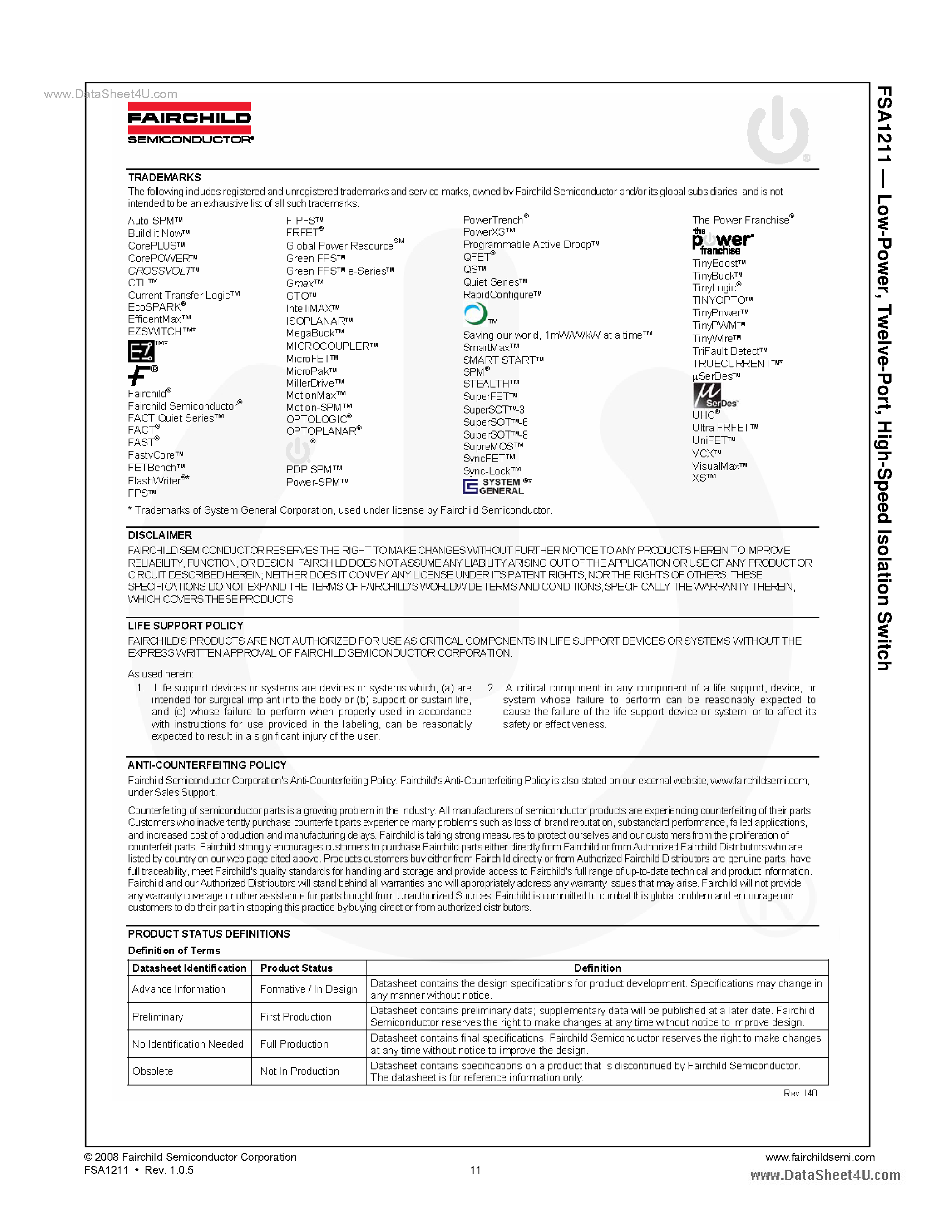 Даташит на микросхему FSA1211 страница 2 Даташит FSA1211 - Hi-Speed Isolation Switch страница 2