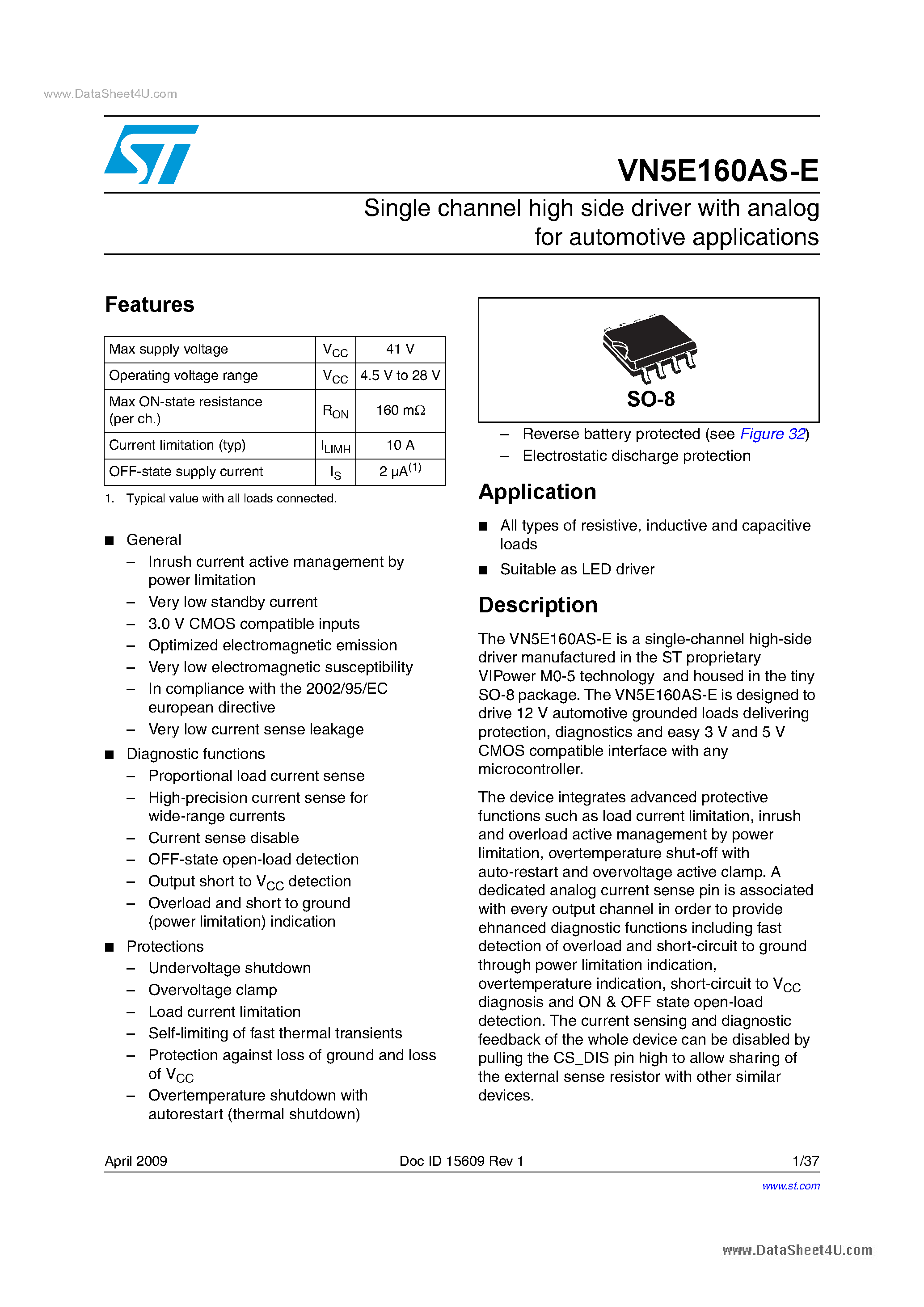 Даташит VN5E160AS-E - High Side Switches страница 1