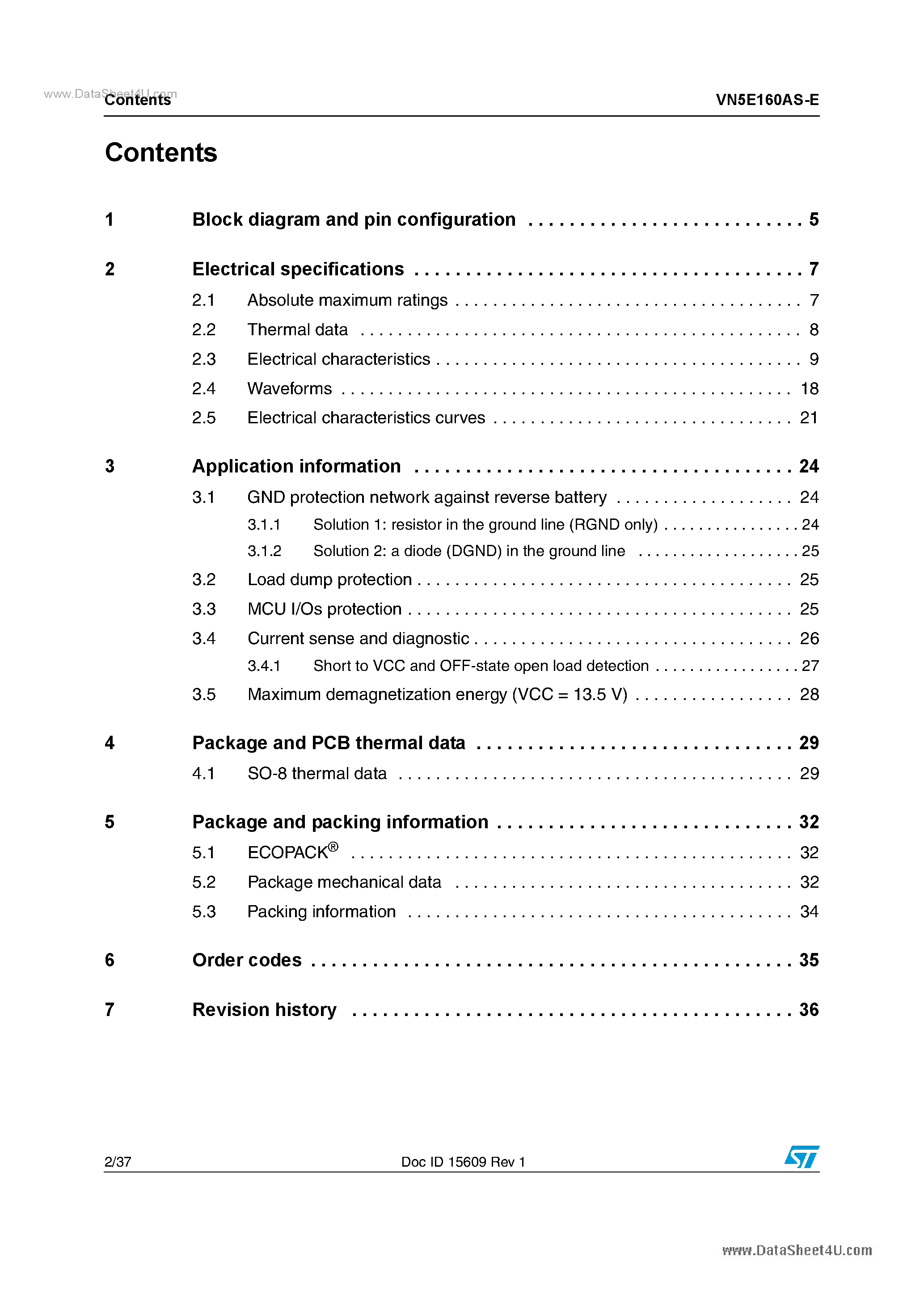 Даташит VN5E160AS-E - High Side Switches страница 2