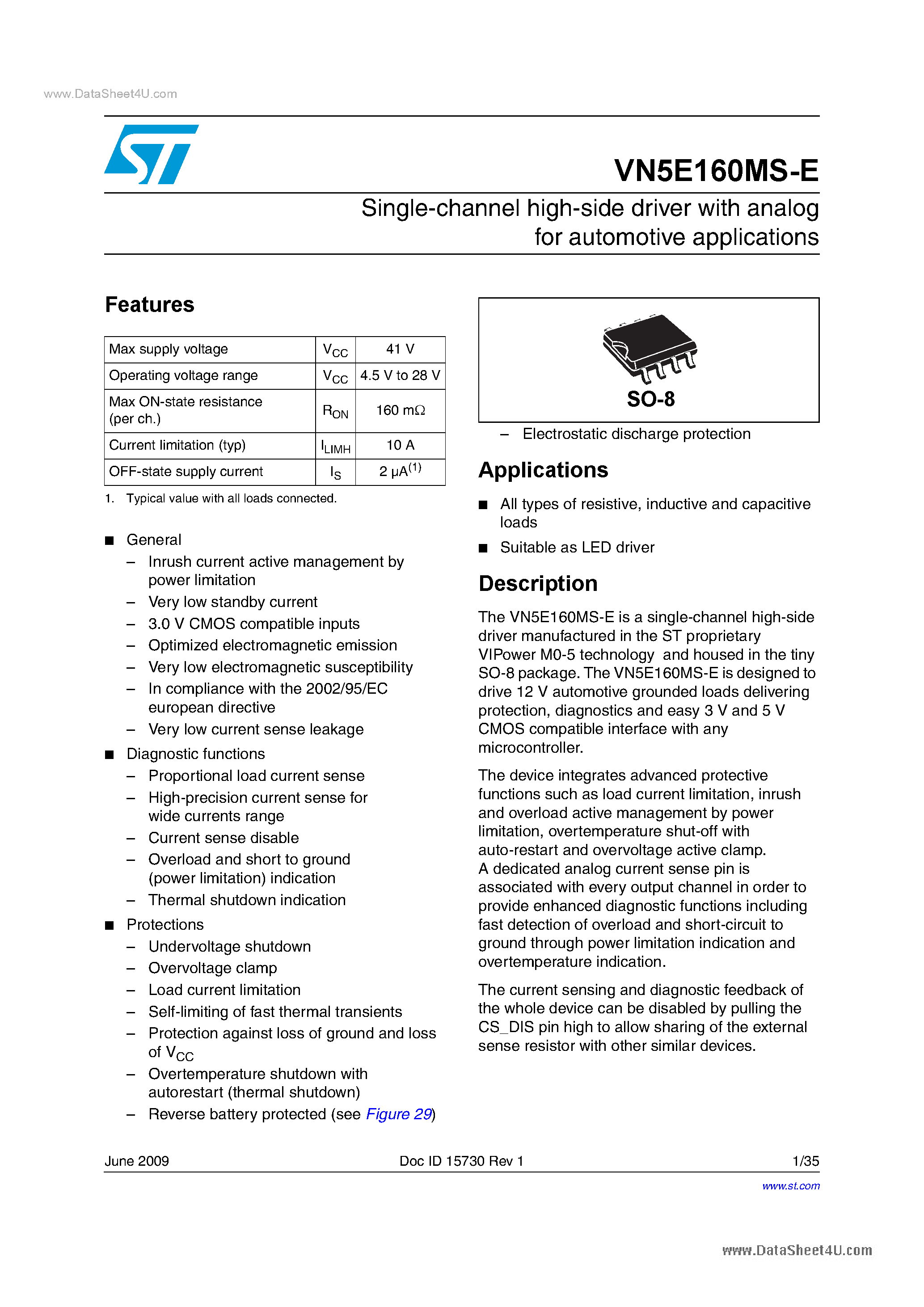 Даташит VN5E160MS-E - High Side Switches страница 1