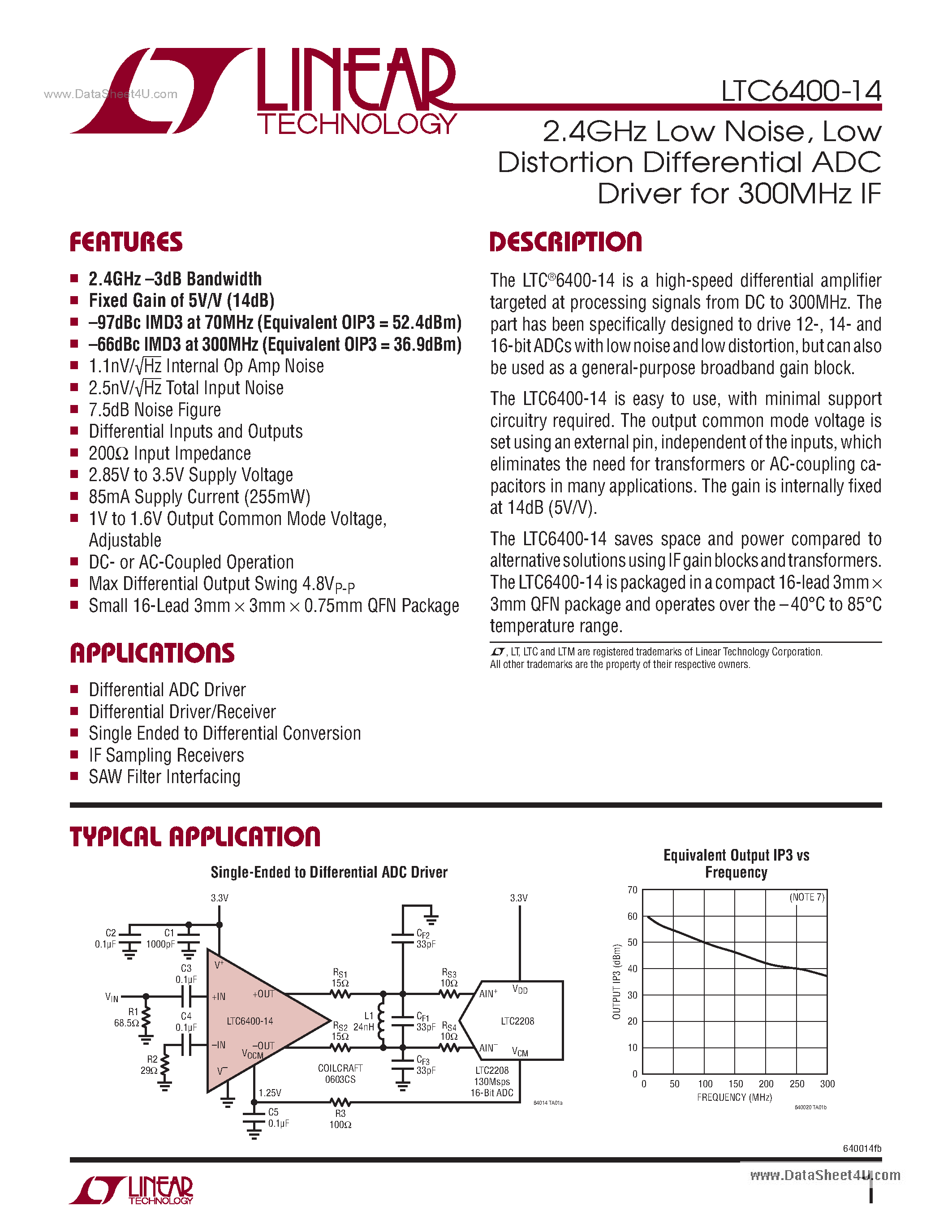 Datasheet LTC6400-14 - Low Distortion Differential ADC Driver page 1
