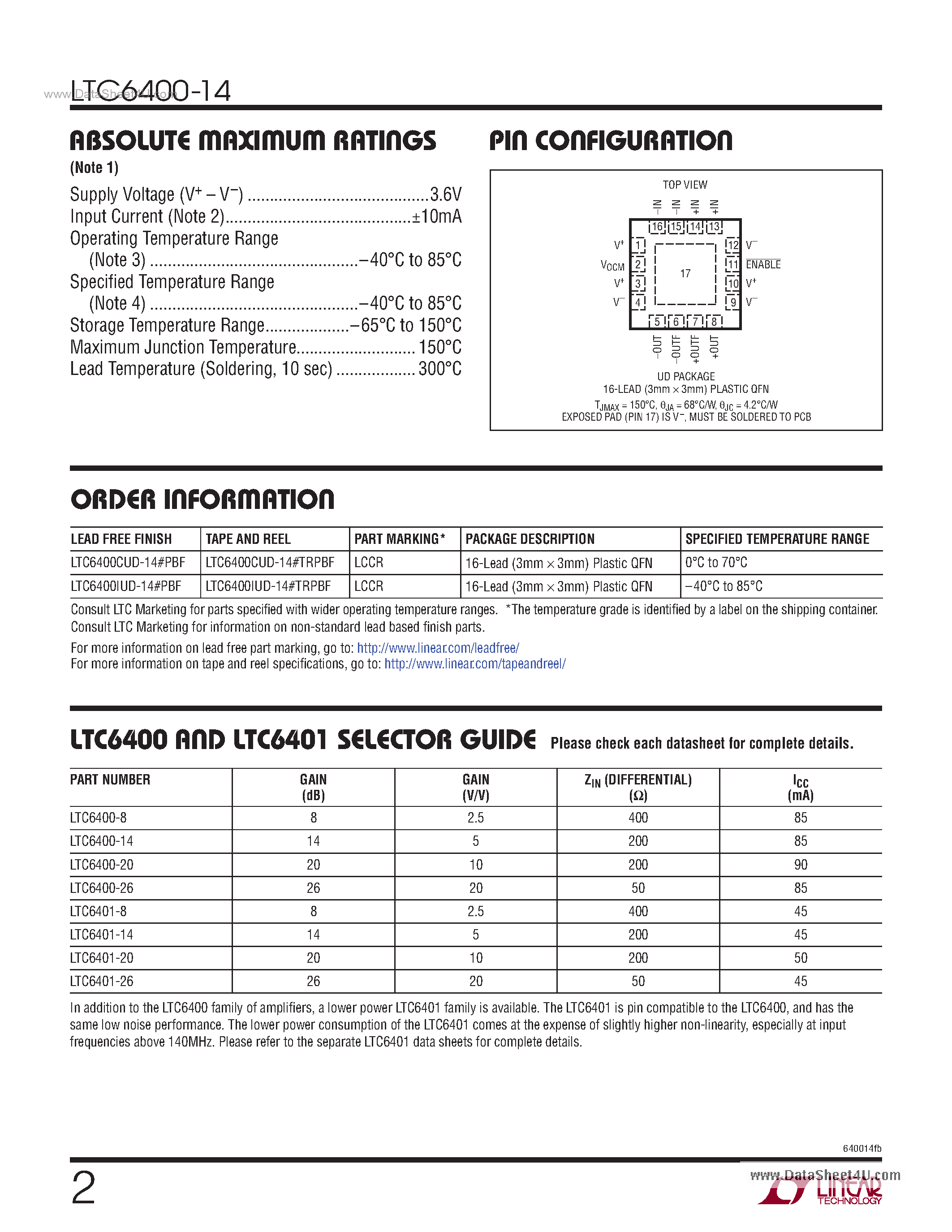 Datasheet LTC6400-14 - Low Distortion Differential ADC Driver page 2