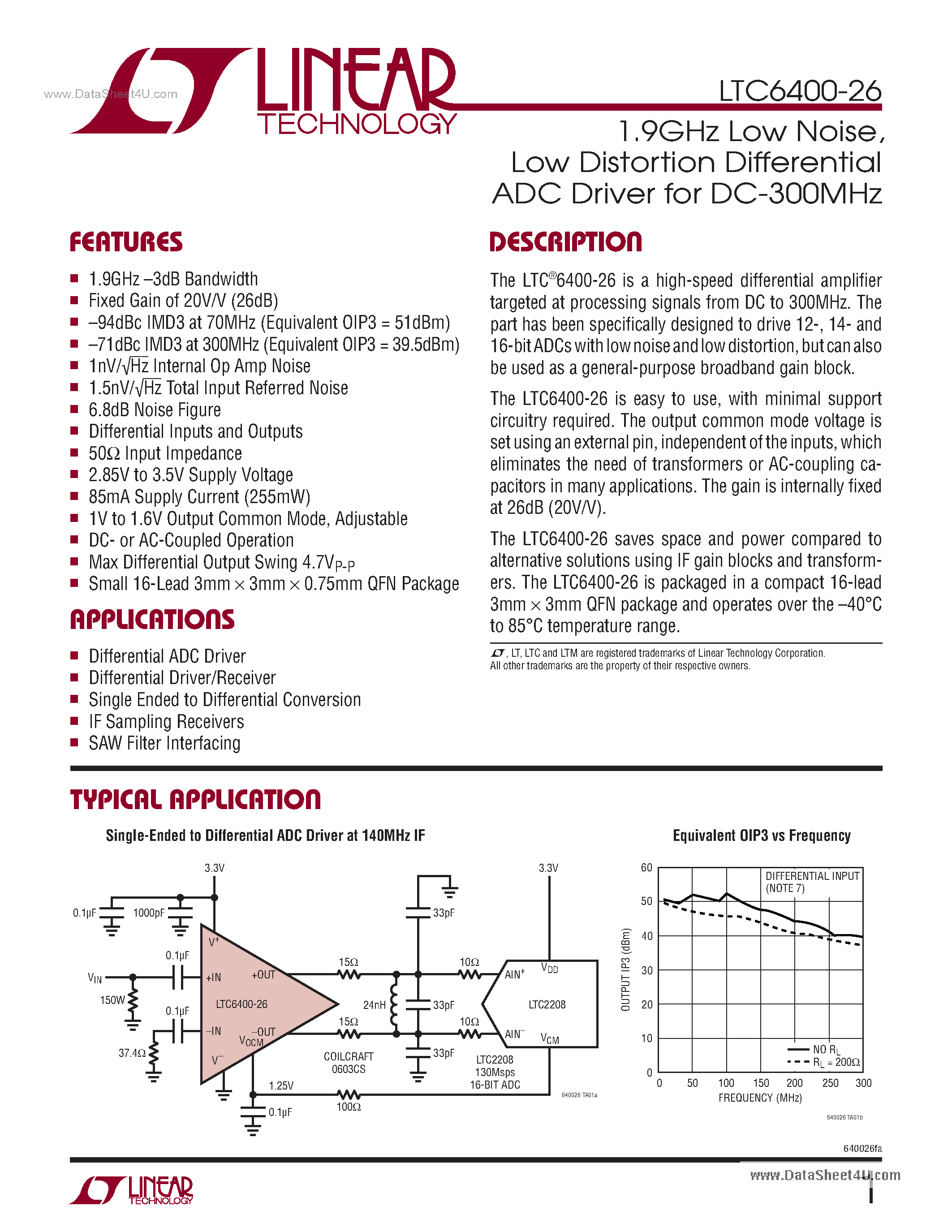 Datasheet LTC6400-26 - Low Distortion Differential ADC Driver page 1