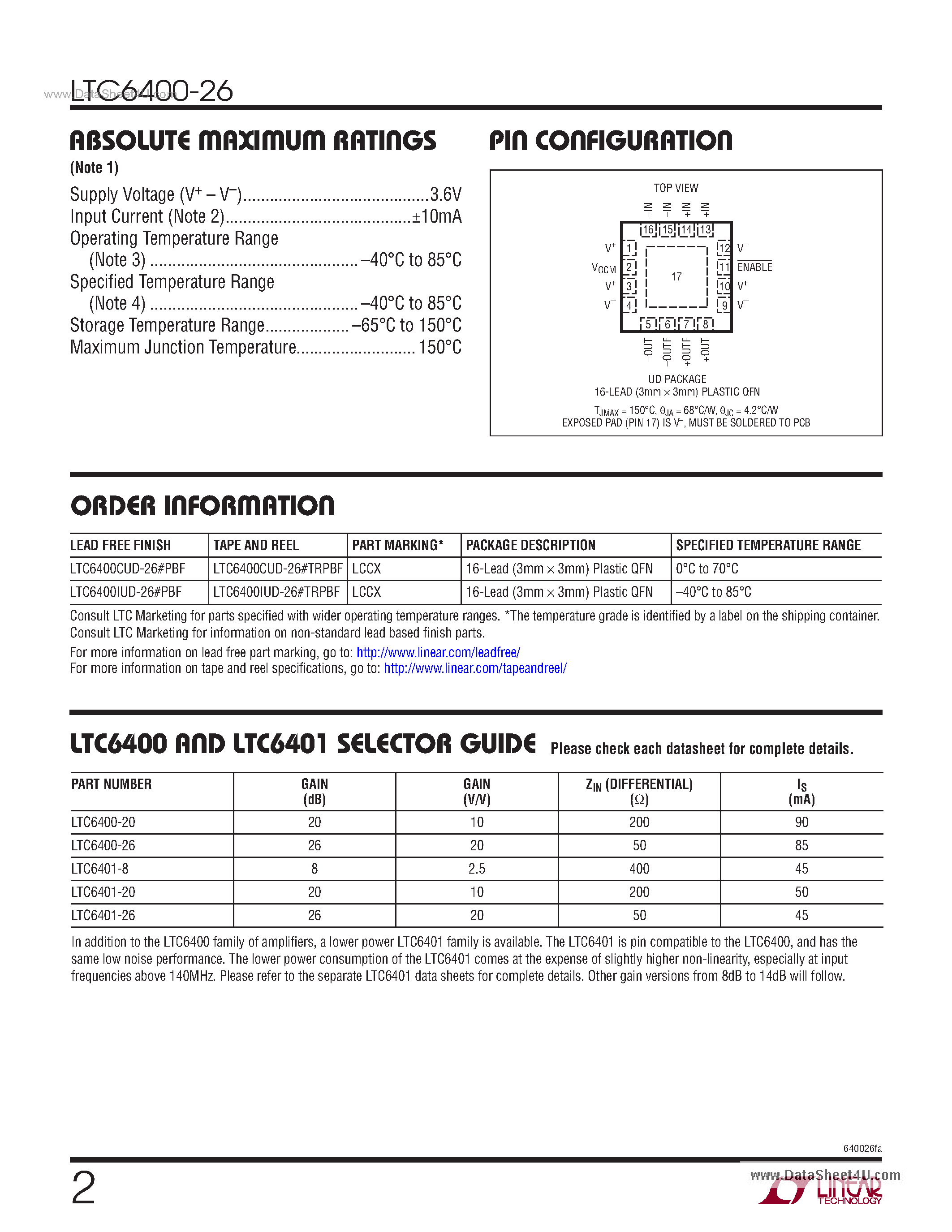 Datasheet LTC6400-26 - Low Distortion Differential ADC Driver page 2