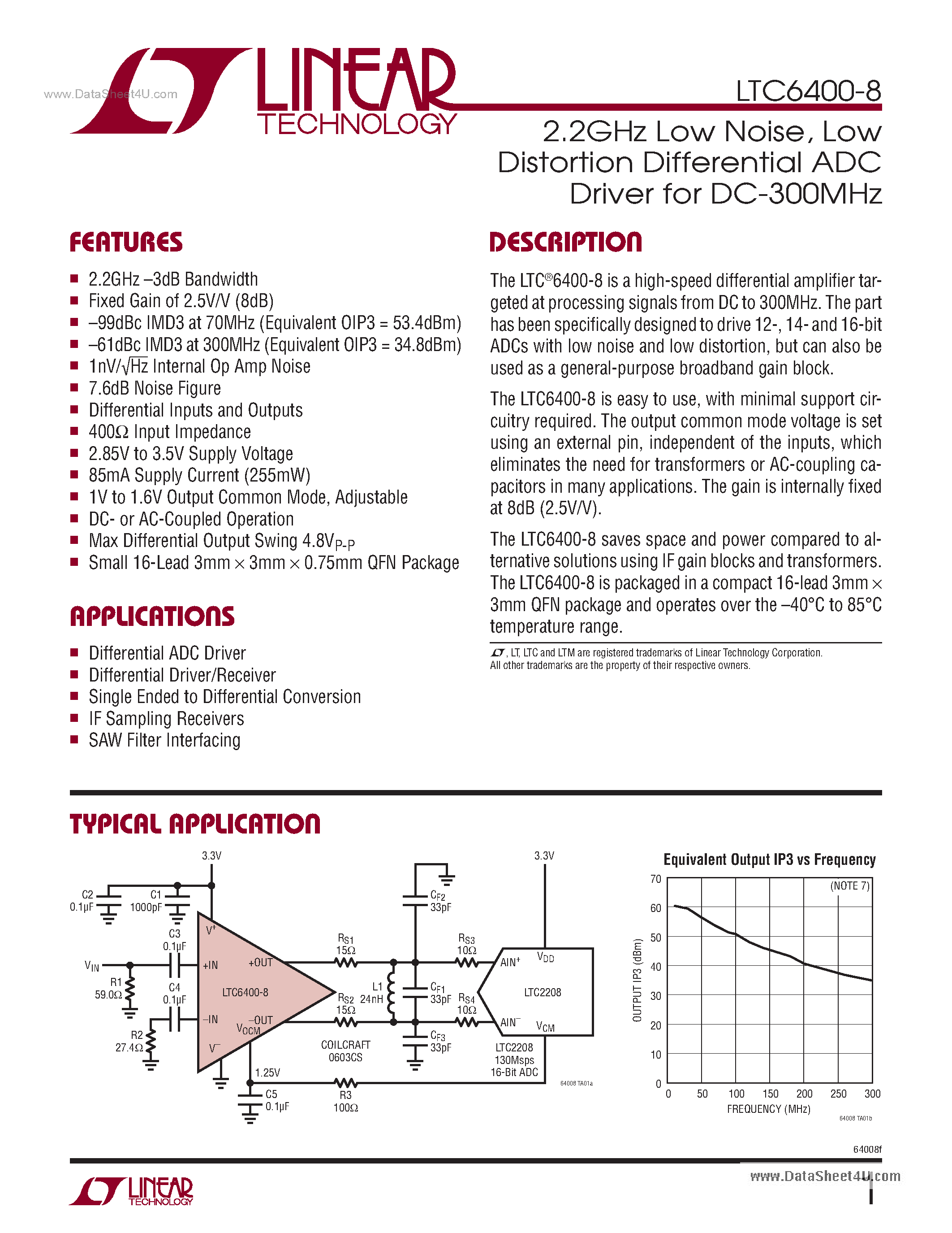 Datasheet LTC6400-8 - Low Distortion Differential ADC Driver page 1