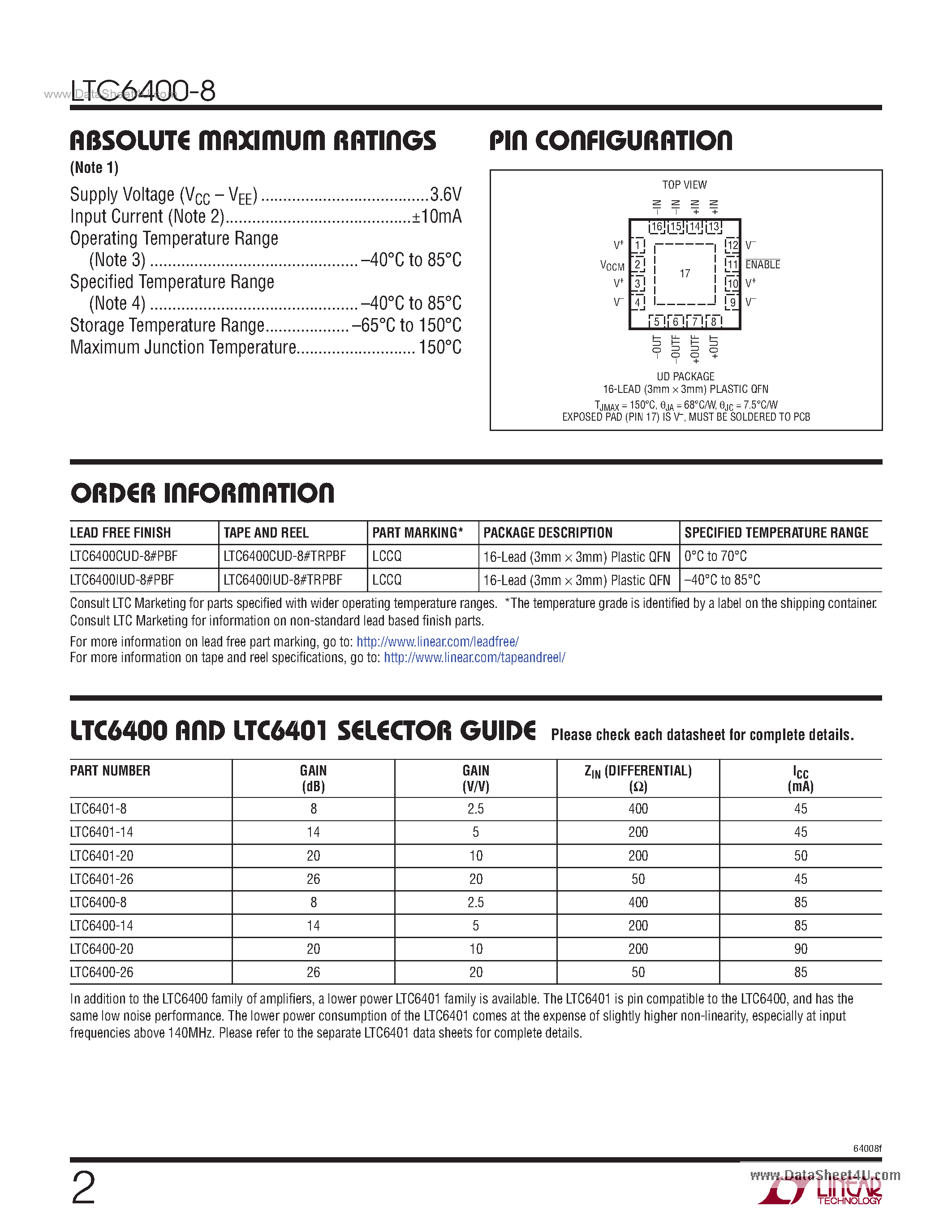 Datasheet LTC6400-8 - Low Distortion Differential ADC Driver page 2