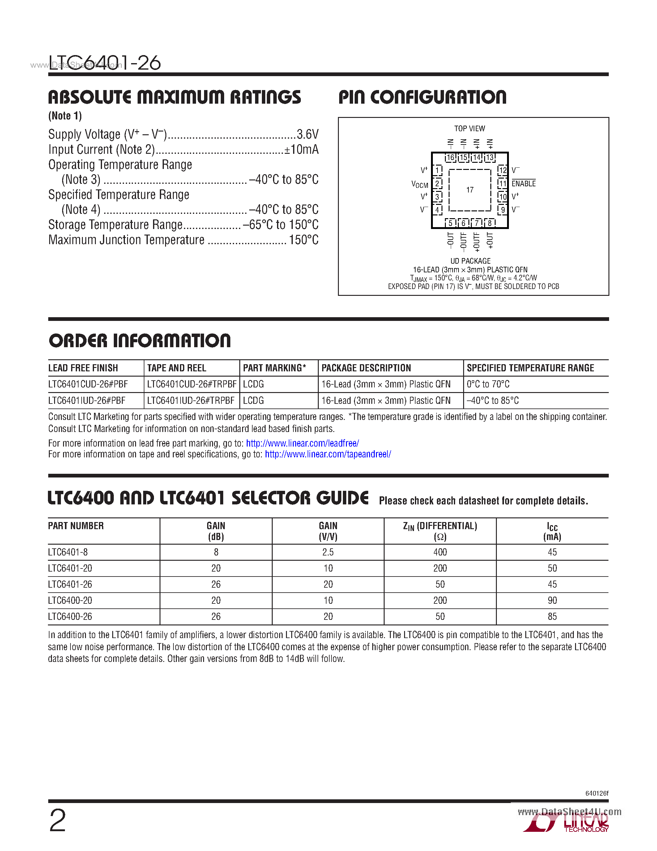 Datasheet LTC6401-26 - Low Distortion Differential ADC Driver page 2