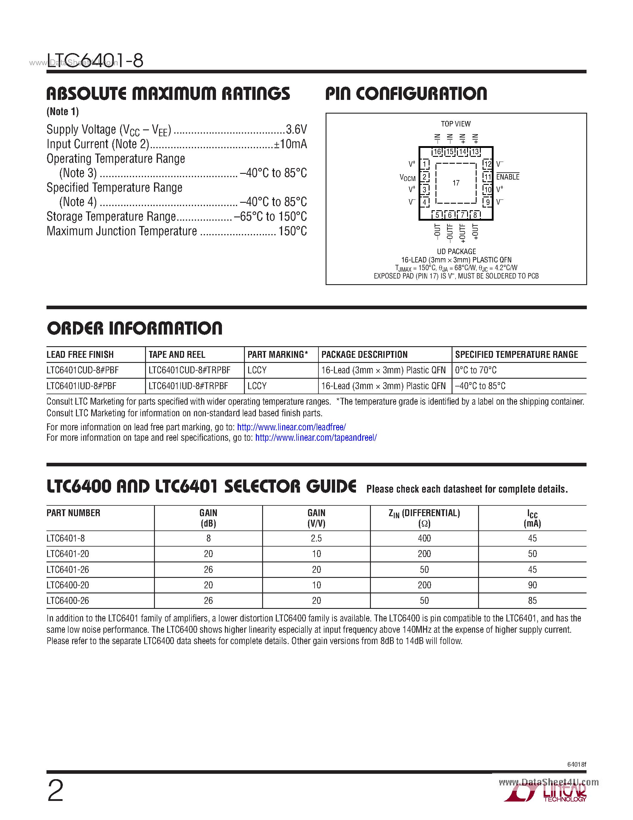 Datasheet LTC6401-8 - Low Distortion Differential ADC Driver page 2