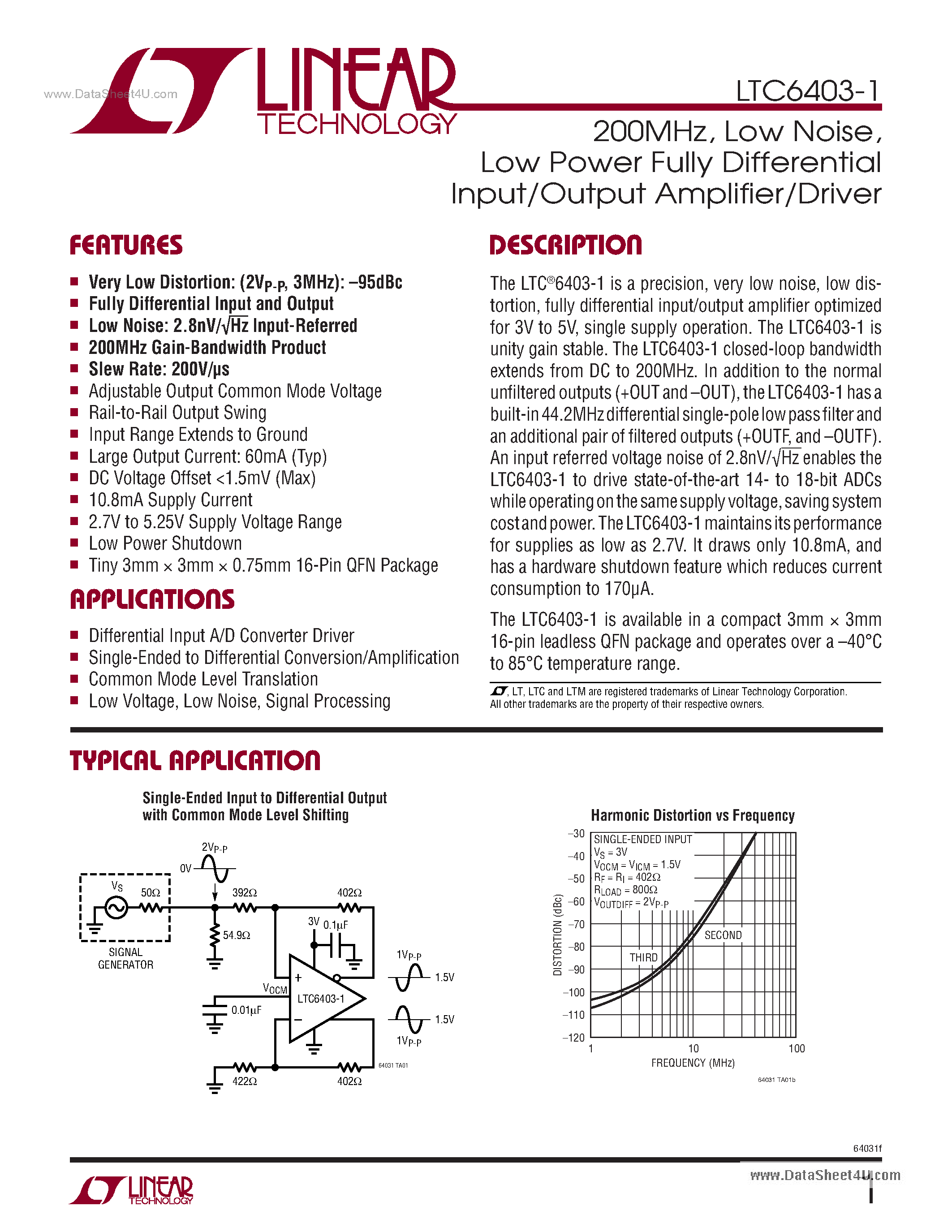 Datasheet LTC6403-1 - Low Power Fully Differential Input/Output Amplifier/Driver page 1