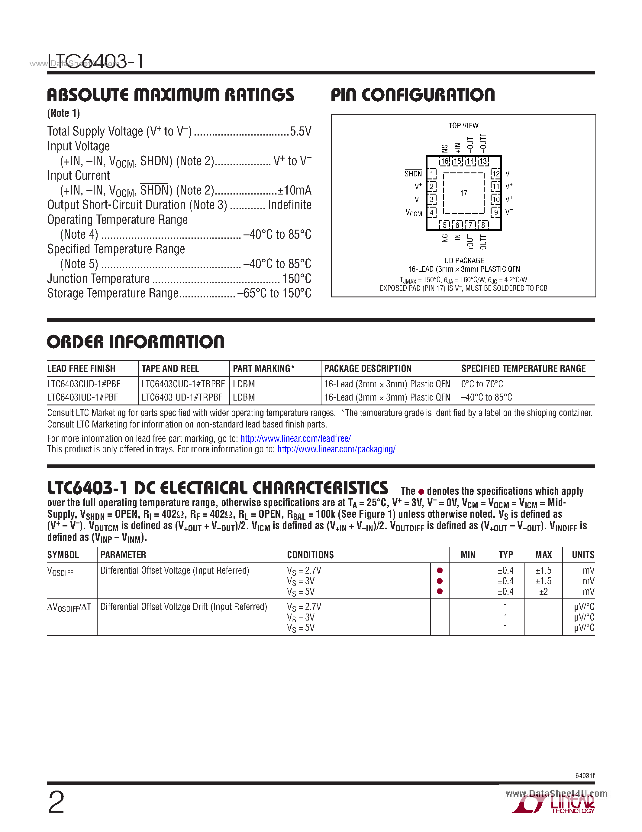 Datasheet LTC6403-1 - Low Power Fully Differential Input/Output Amplifier/Driver page 2