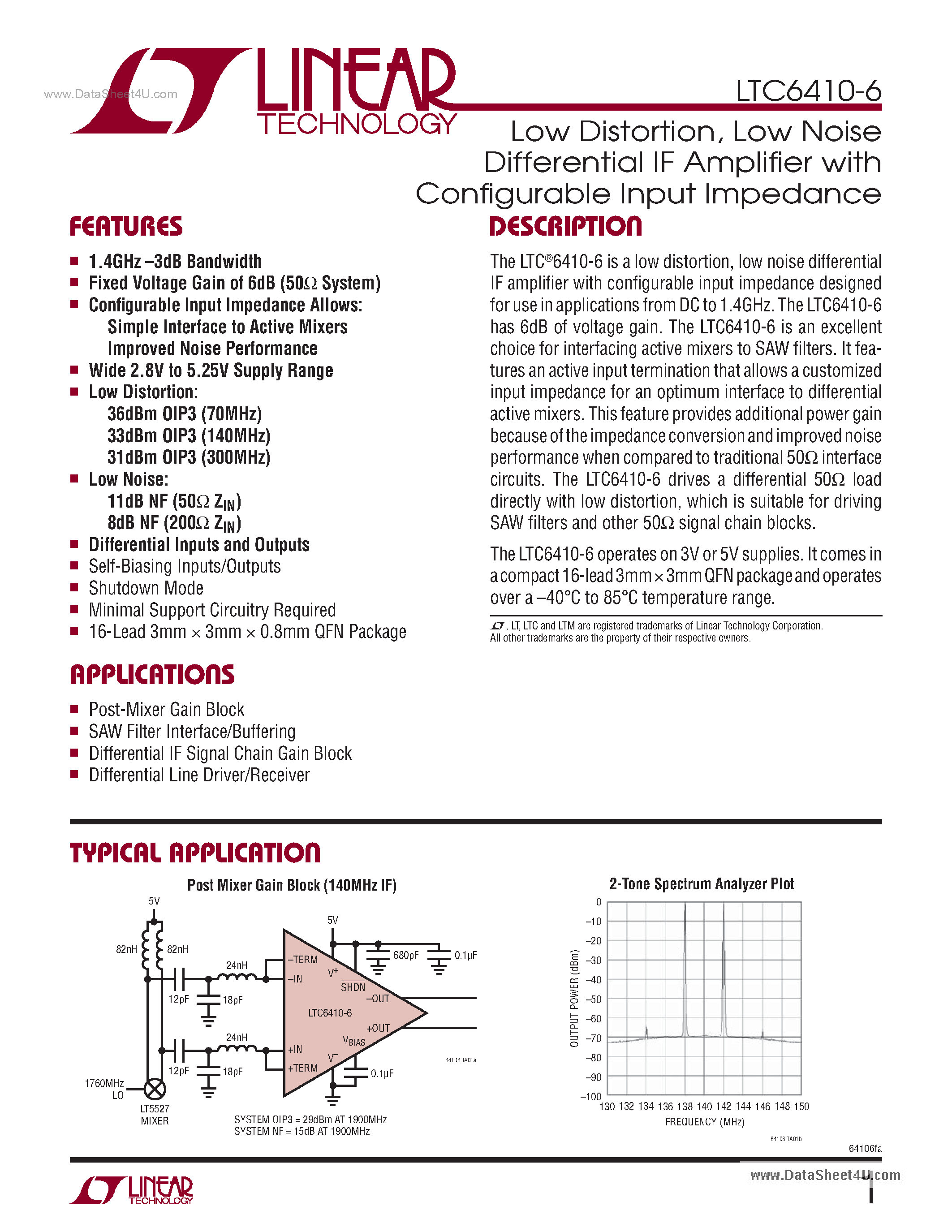 Datasheet LTC6410-6 - Low Noise Differential IF Amplifier page 1