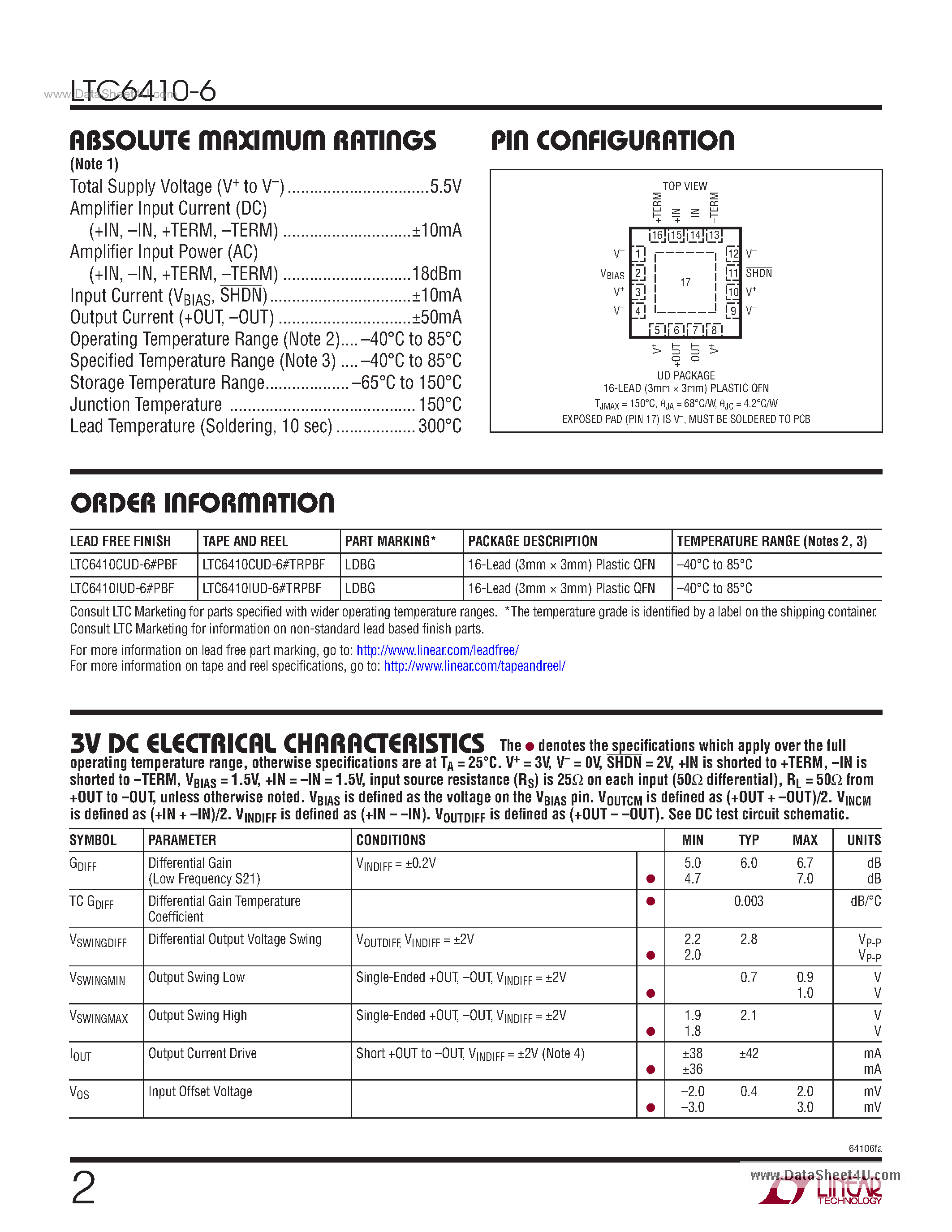 Datasheet LTC6410-6 - Low Noise Differential IF Amplifier page 2