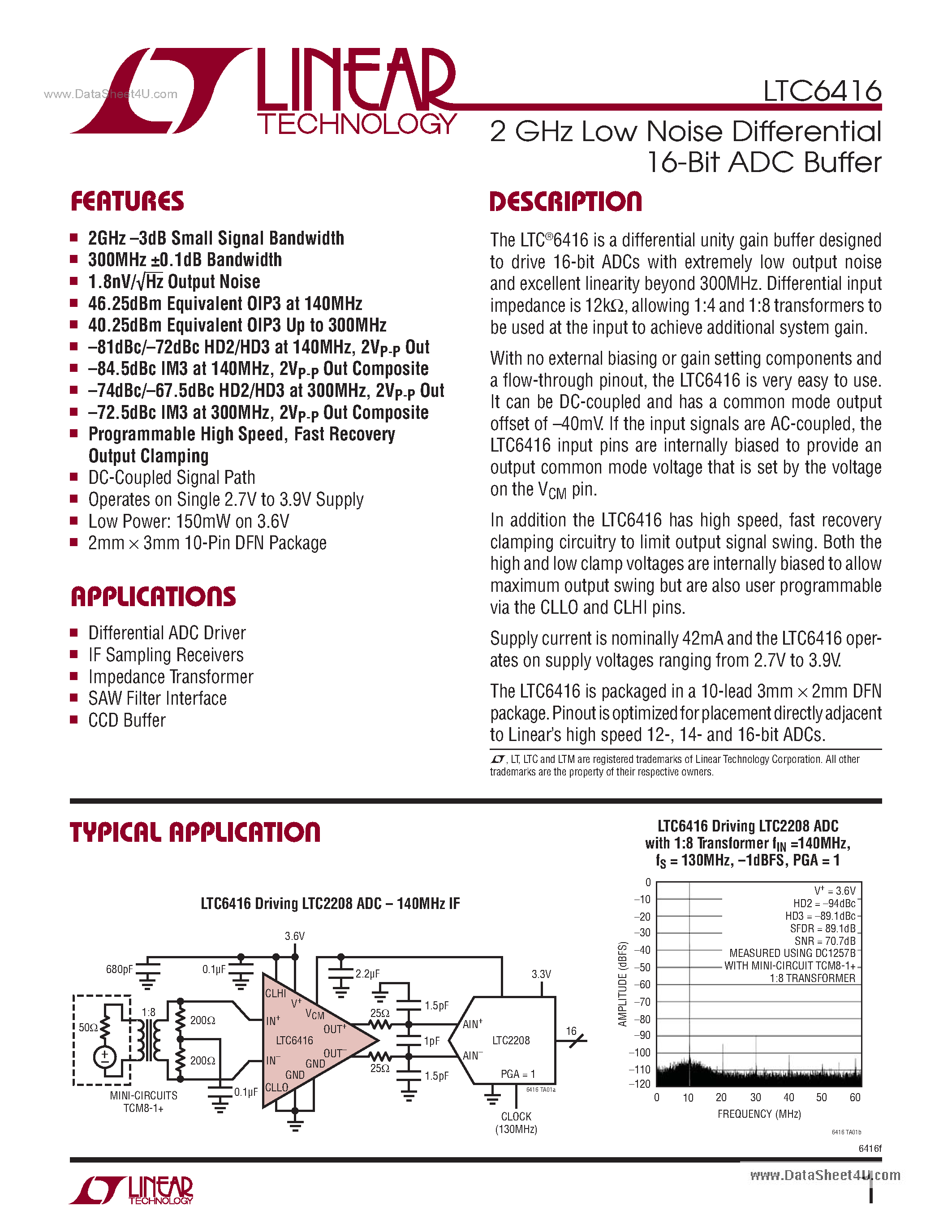 Даташит LTC6416 - 2 GHz Low Noise Differential 16-Bit ADC Buffer страница 1