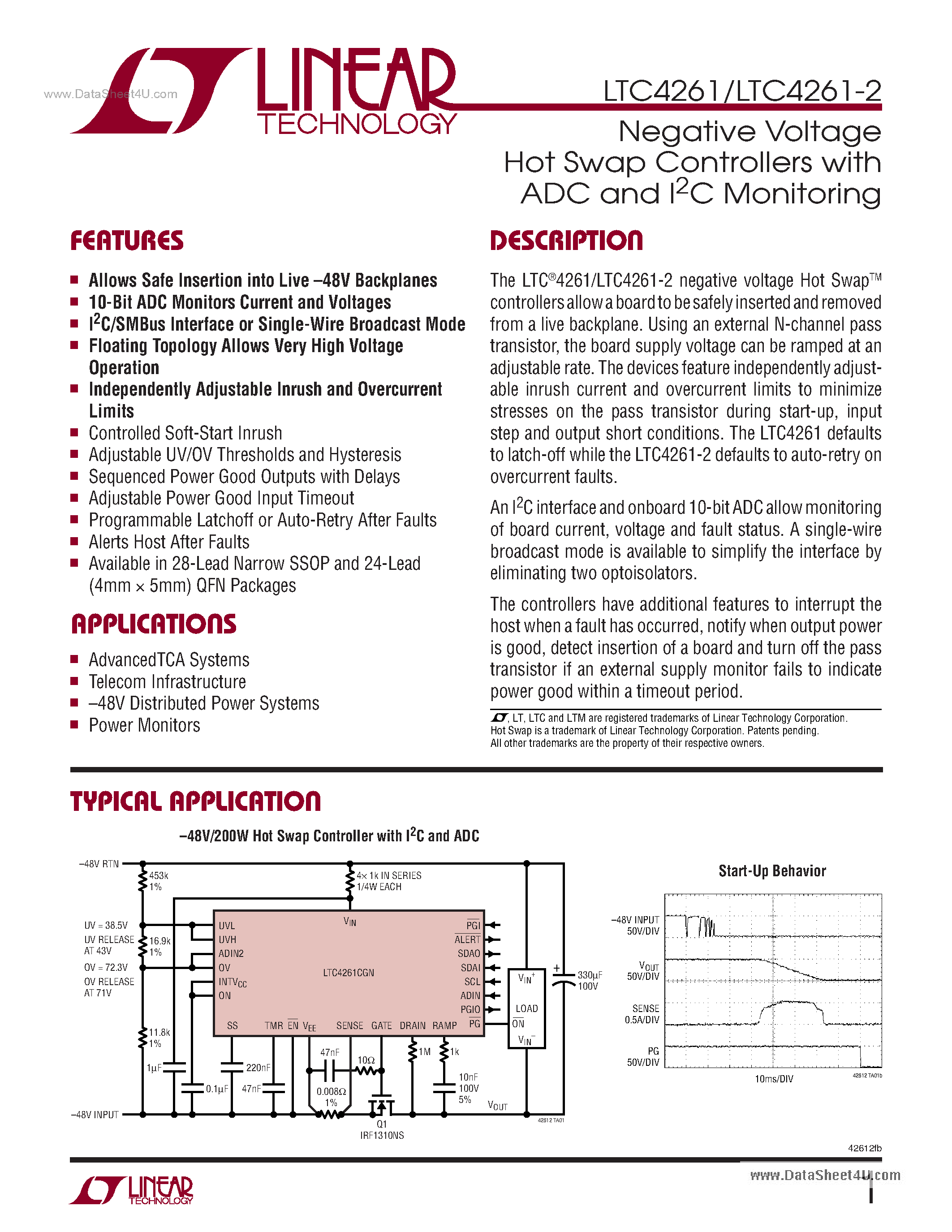 Datasheet LTC4261 page 1 Datasheet LTC4261 - Negative Voltage Hot Swap Controllers page 1