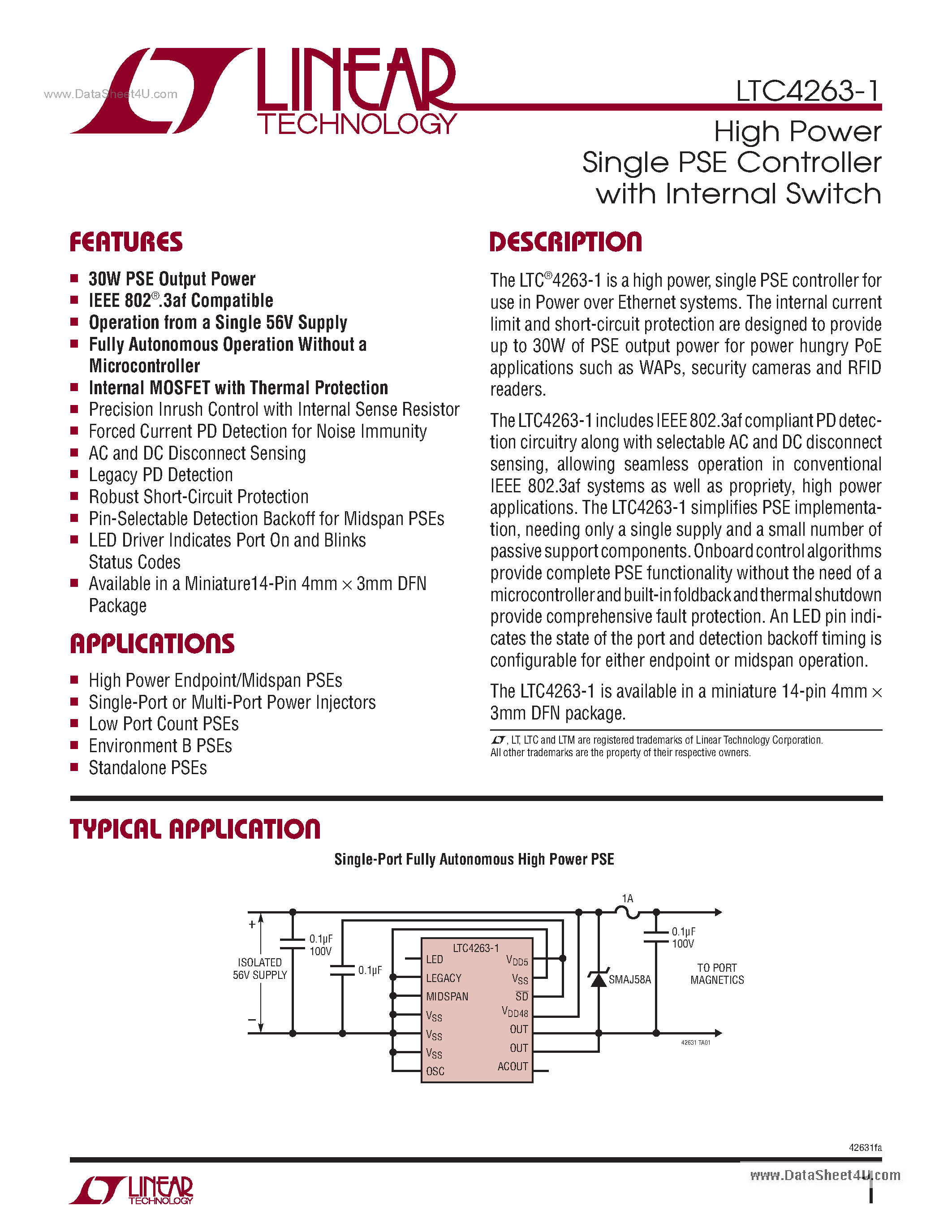 Datasheet LTC4263-1 page 1 Datasheet LTC4263-1 - High Power Single PSE Controller page 1