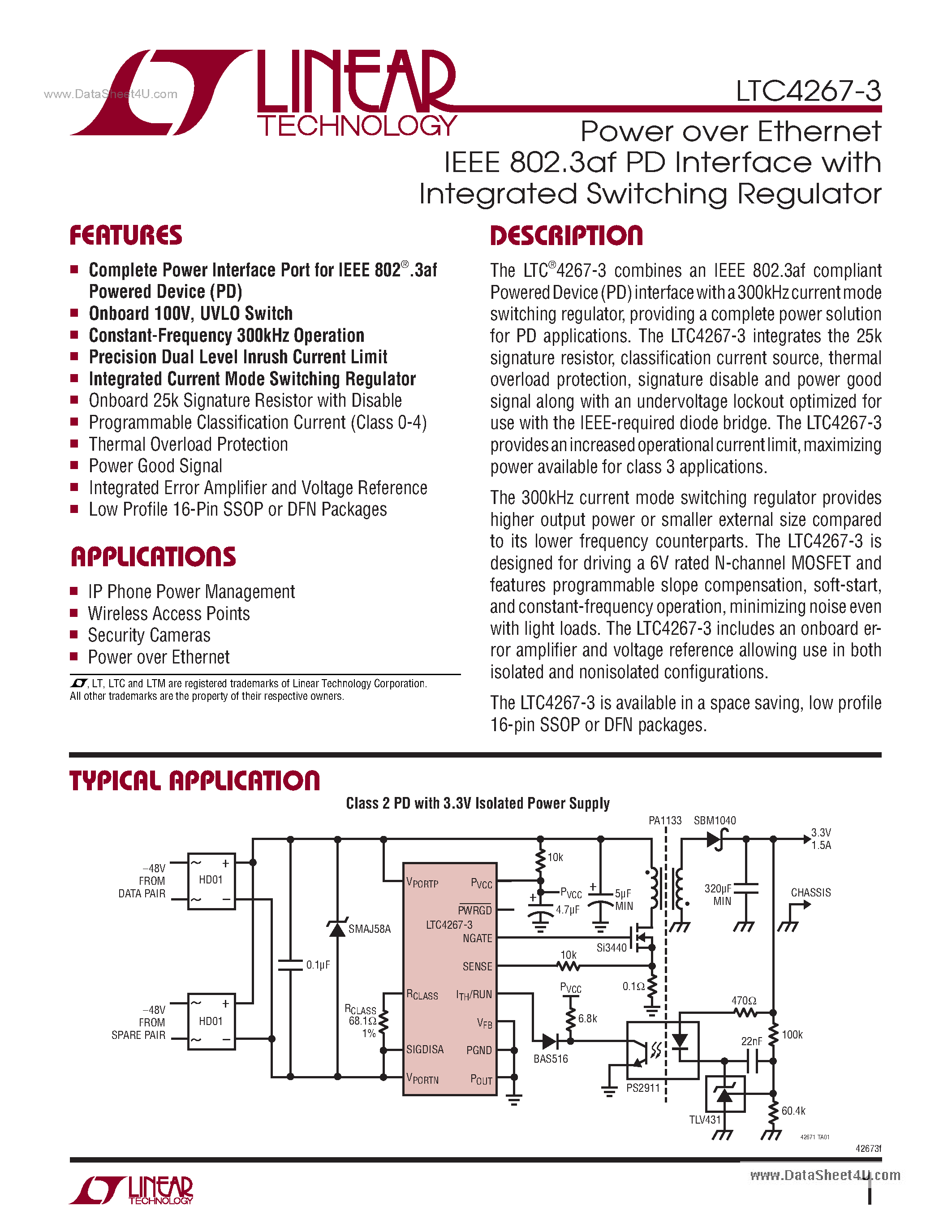 Datasheet LTC4267-3 - Power over Ethernet IEEE 802.3af PD Interface page 1