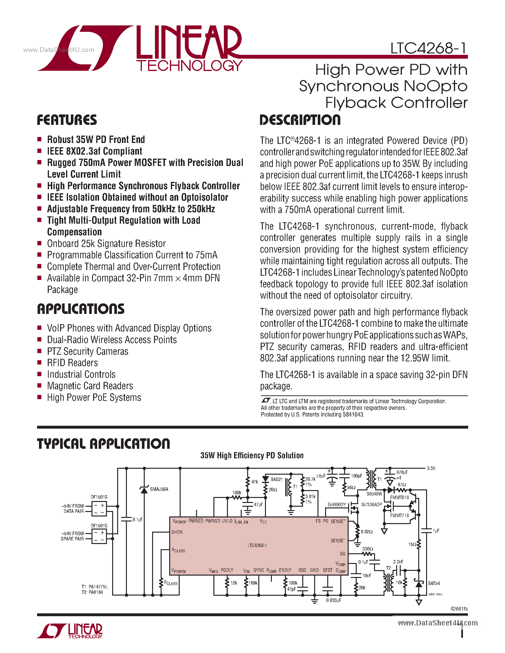 Datasheet LTC4268-1 - High Power PD with Synchronous NoOpto Flyback Controller page 1