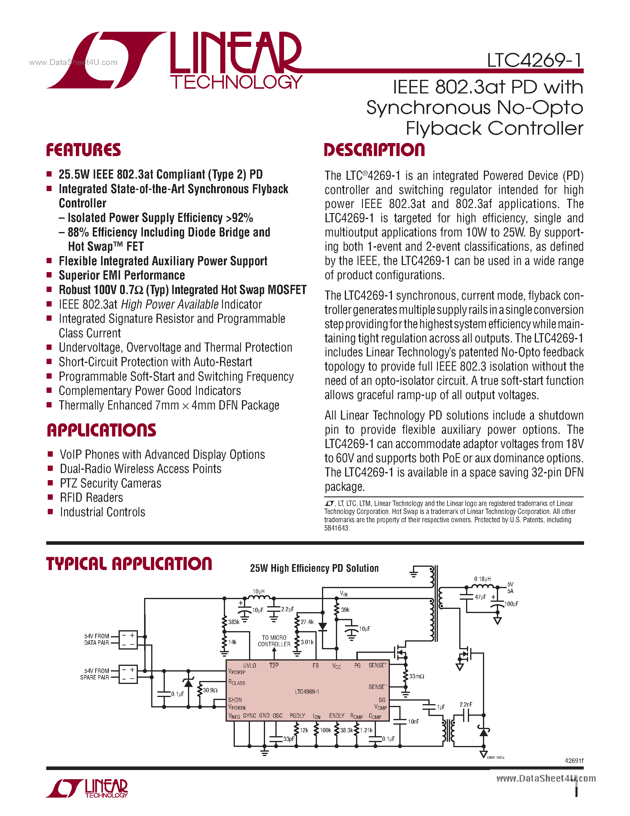 Datasheet LTC4269-1 - IEEE 802.3 At PD And Synchronous No-Opto Flyback Controller page 1