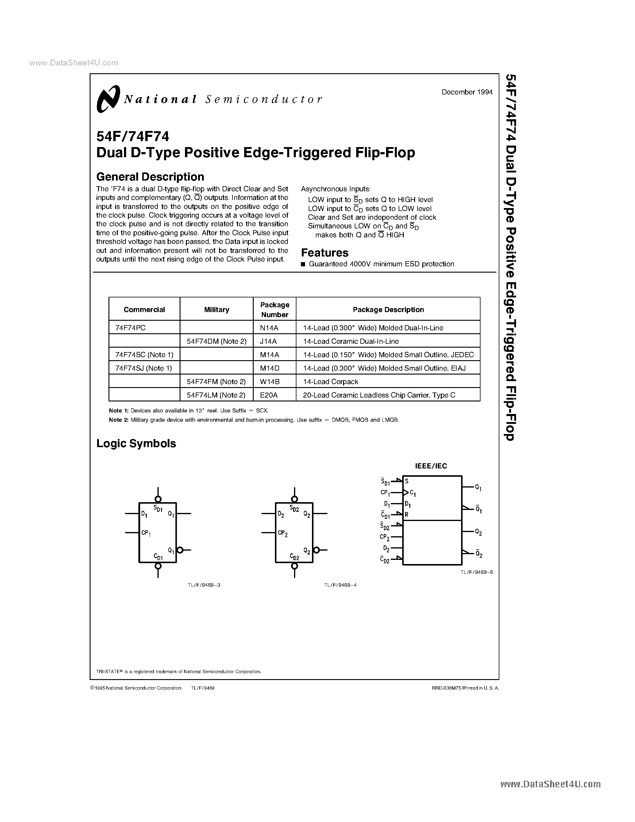 Datasheet 54F74 page 1 Datasheet 54F74 - Dual D-Type Positive Edge-Triggered Flip-Flop page 1
