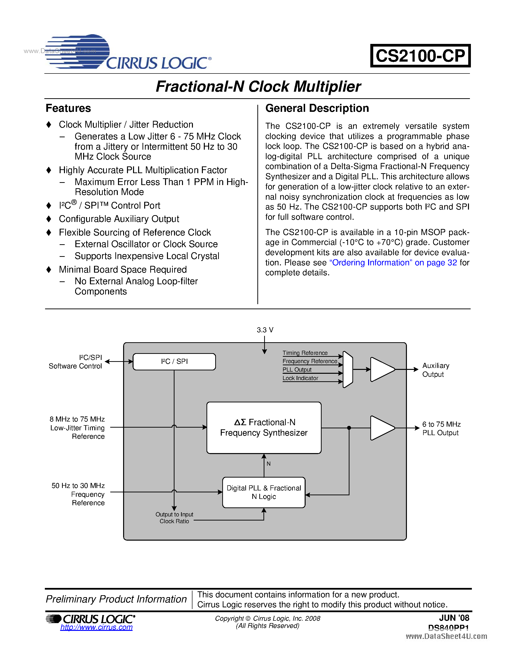 Даташит на микросхему CS2100-CP страница 1 Даташит CS2100-CP - Fractional-N Clock Multiplier страница 1