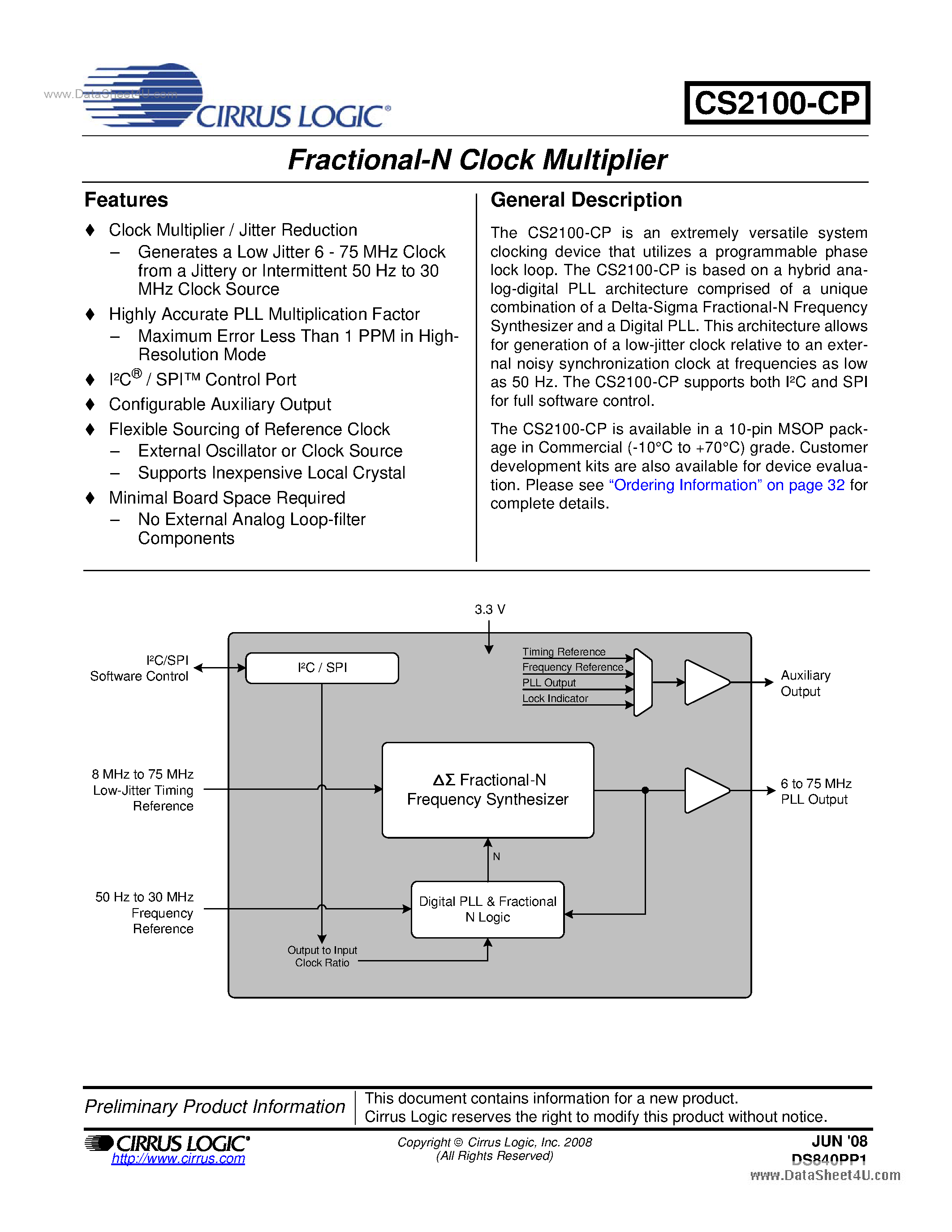 Даташит CS2100-CP - Fractional-N Clock Multiplier страница 1