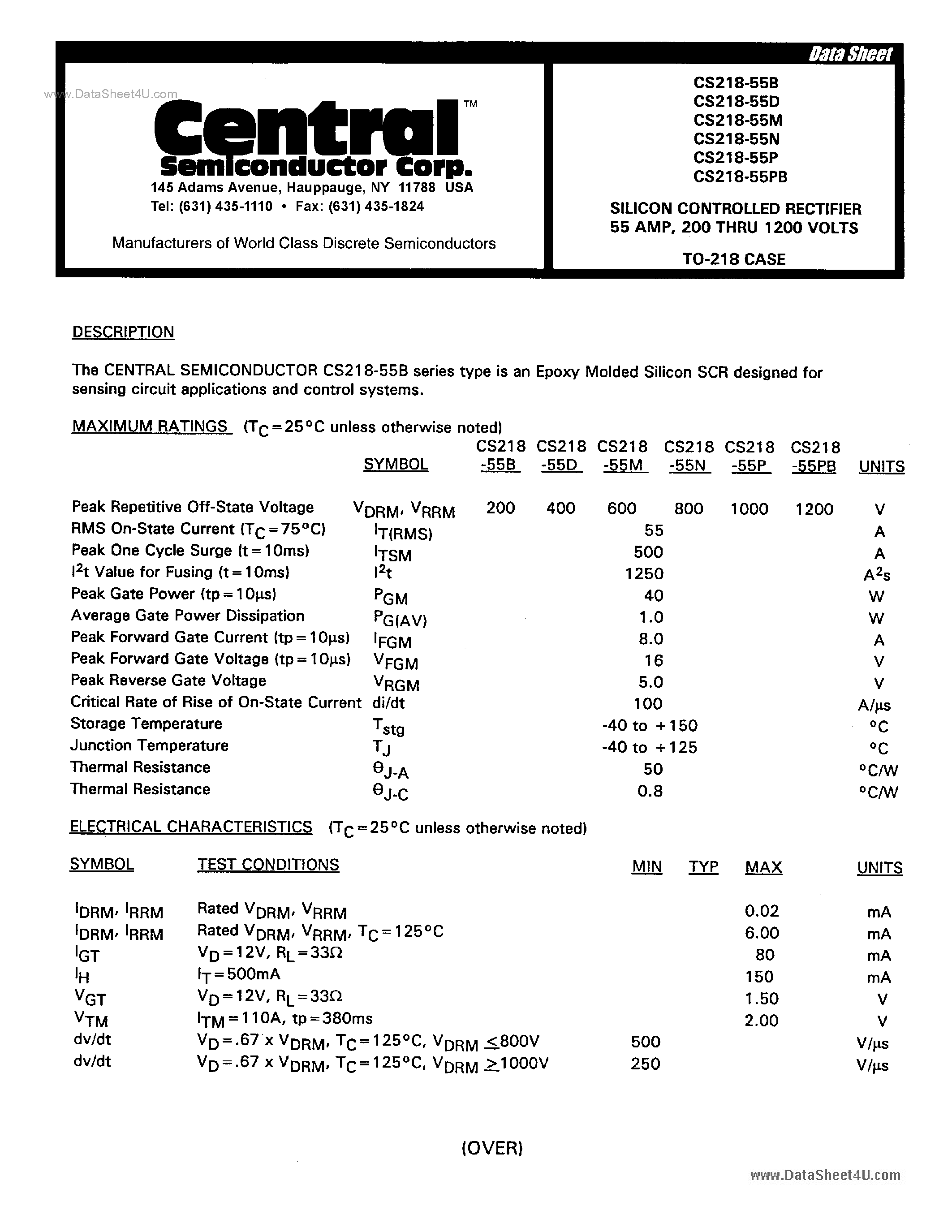 Datasheet CS218-55x - SILICON CONTROLLED RECTIFIER page 1