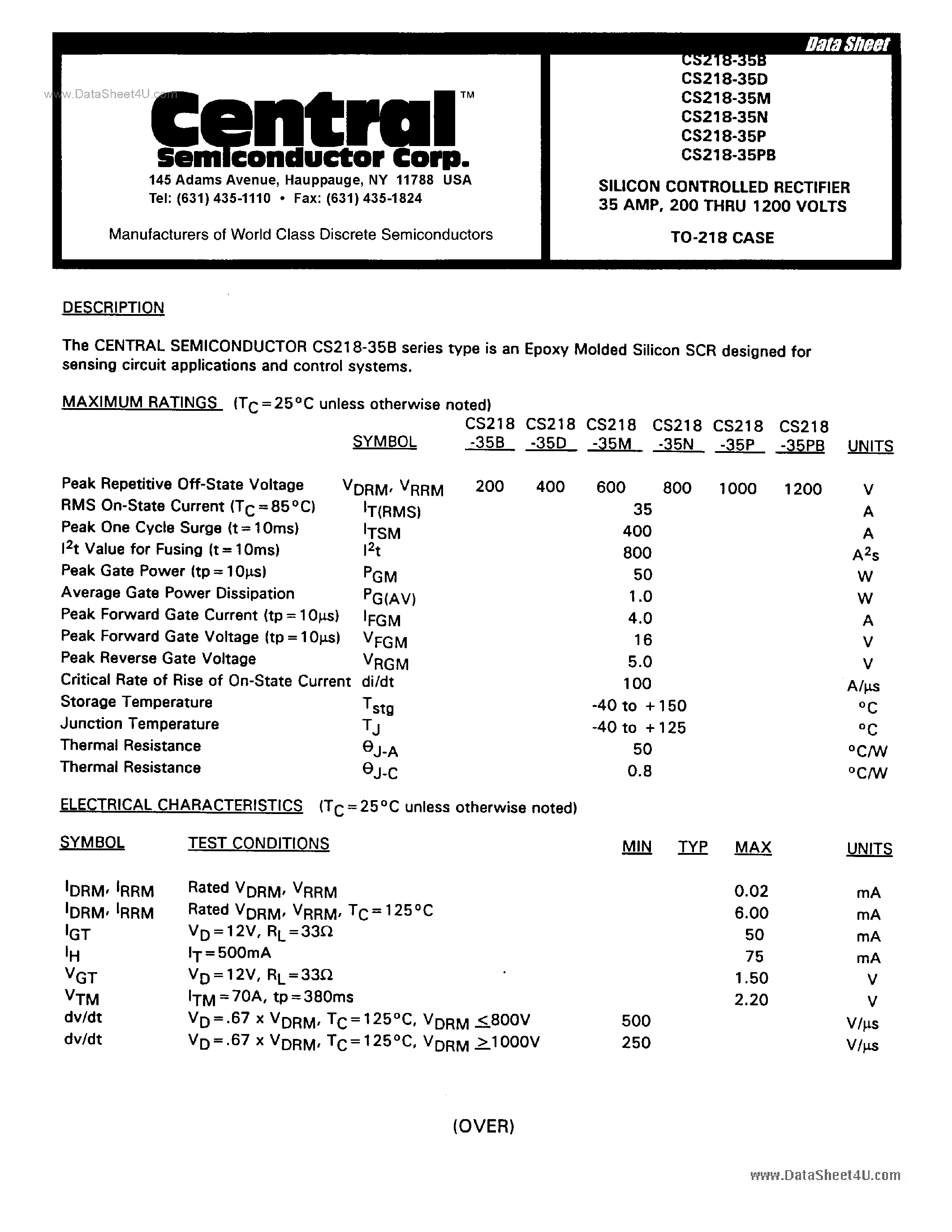 Datasheet CS218-35x - SILICON CONTROLLED RECTIFIER page 1