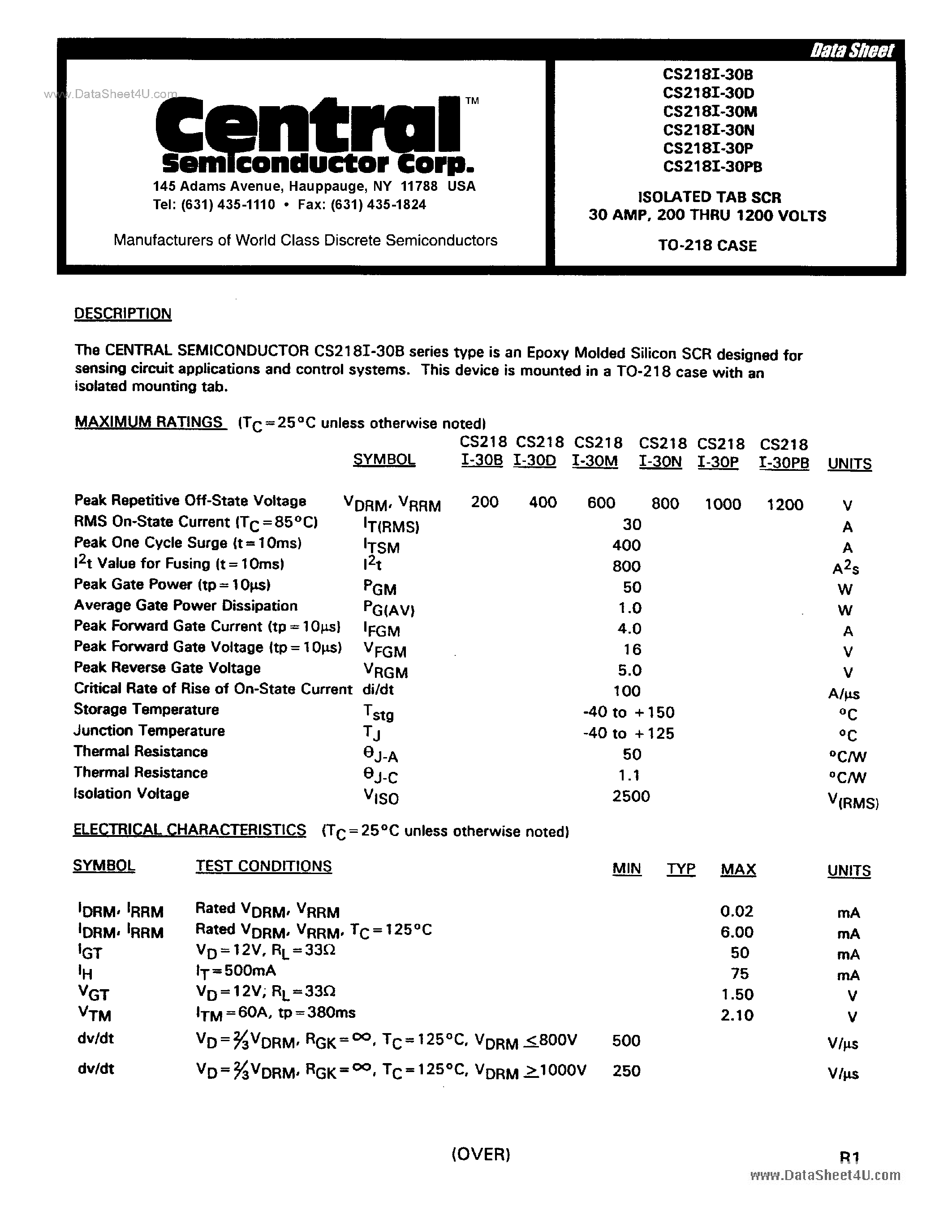 Даташит CS218I-30x - ISOLATED TAB SCR 30 AMP 200 THRU 1200 VOLTS страница 1