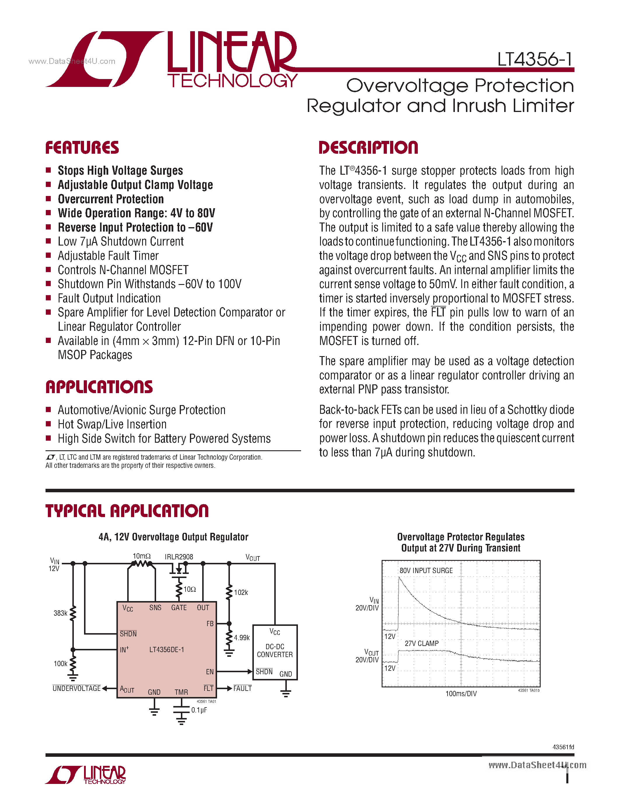 Даташит LT4356-1 - Overvoltage Protection Regulator and Inrush Limiter страница 1