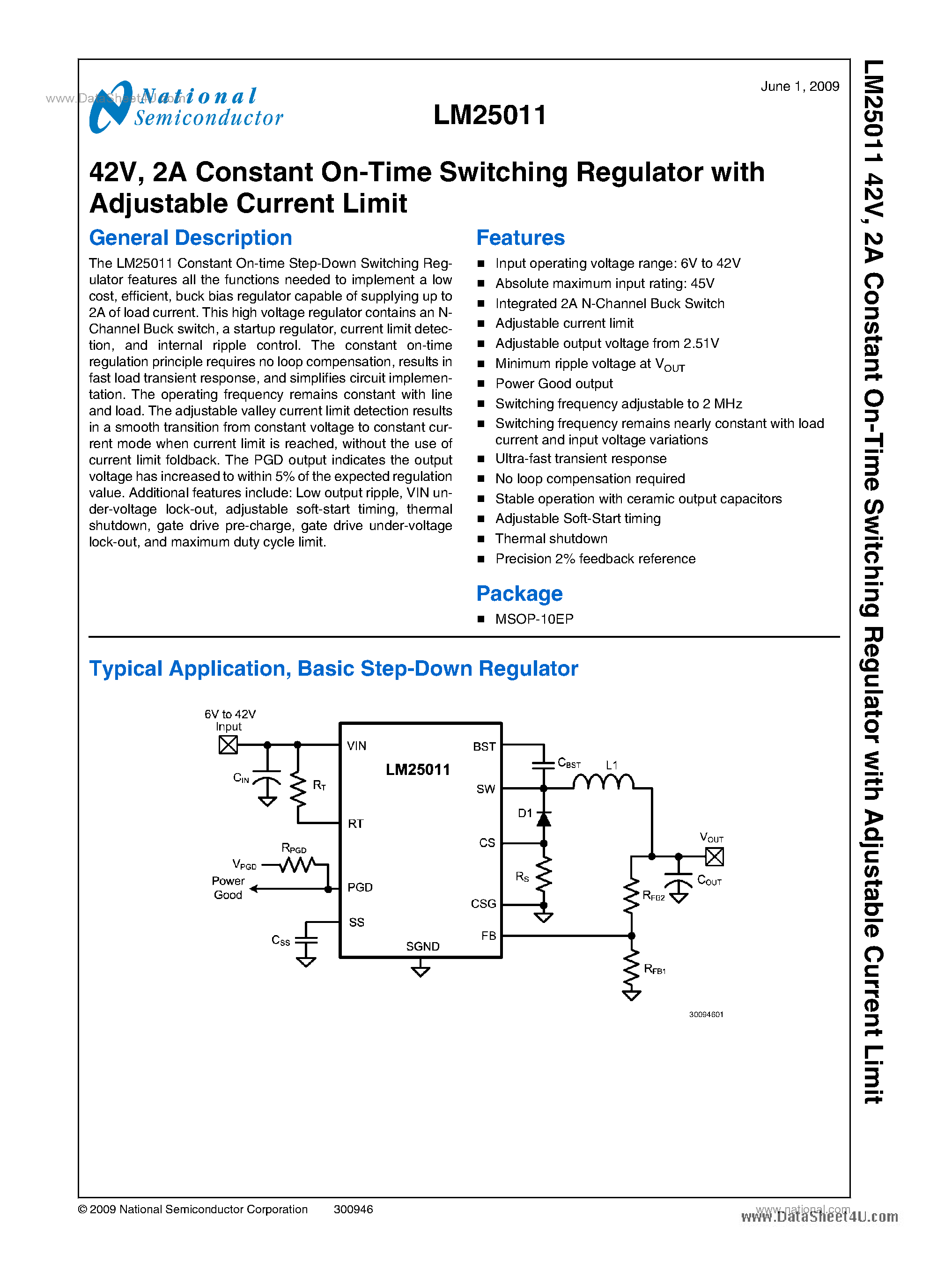 Даташит LM25011 - 2A Constant On-Time Switching Regulator страница 1