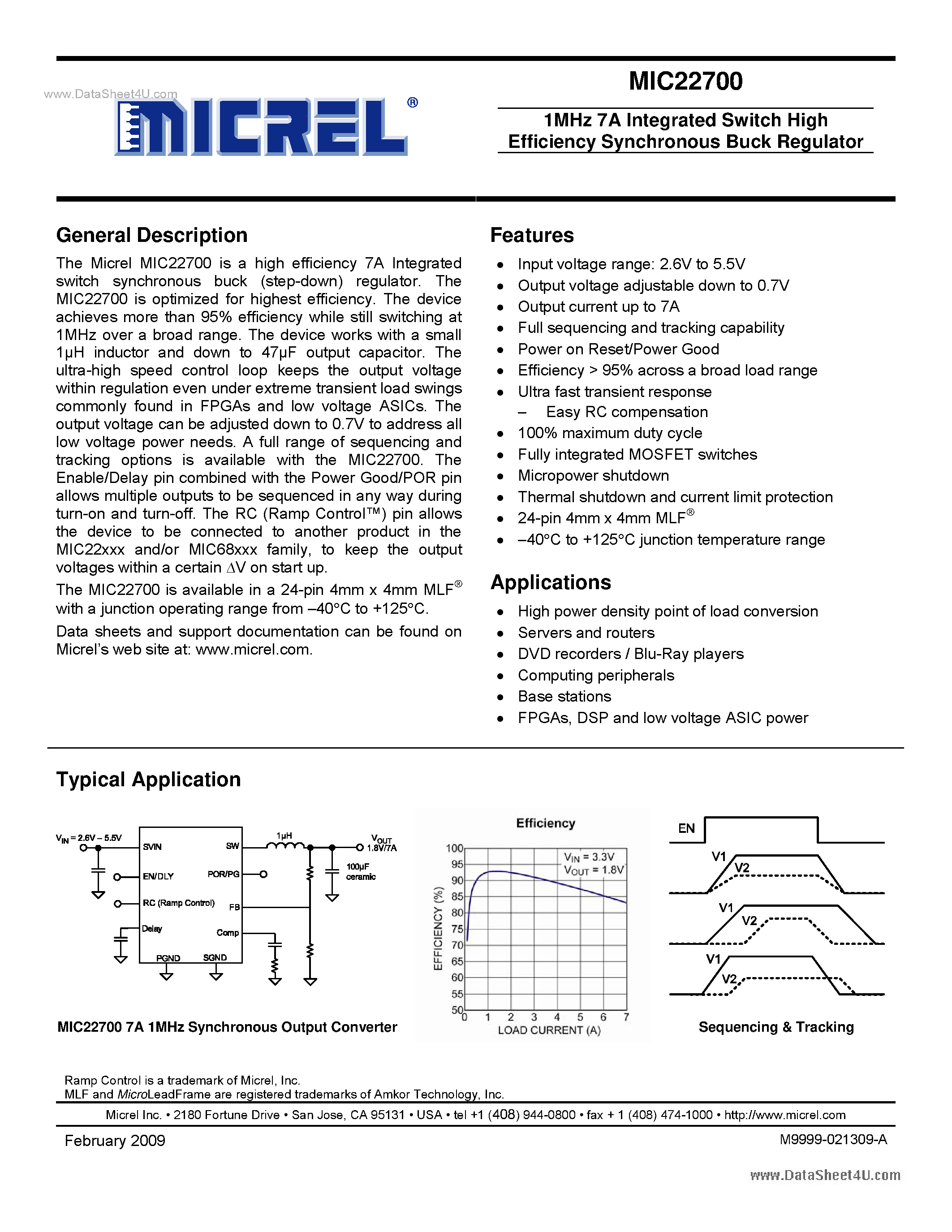 Datasheet MIC22700 page 1 Datasheet MIC22700 - 1MHz 7A Integrated Switch High Efficiency Synchronous Buck Regulator page 1