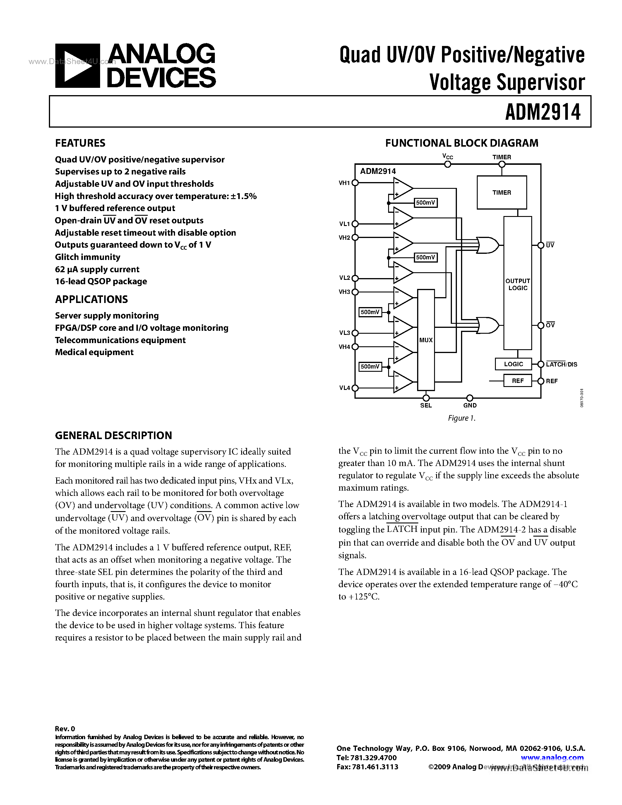 Datasheet ADM2914 - Quad UV/OV Positive/Negative Voltage Supervisor page 1