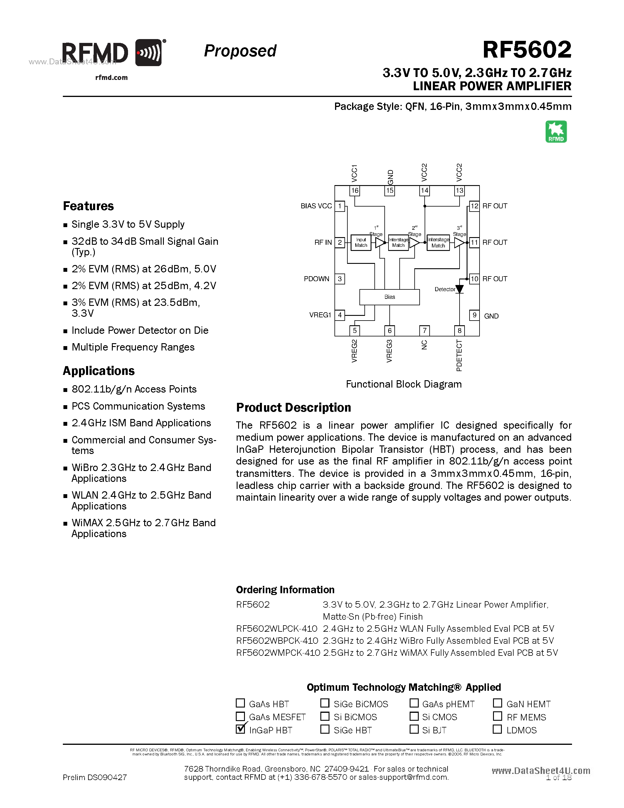 Datasheet RF5602 page 1 Datasheet RF5602 - 3GHz To 2.7GHz Linear Power Amplifier page 1