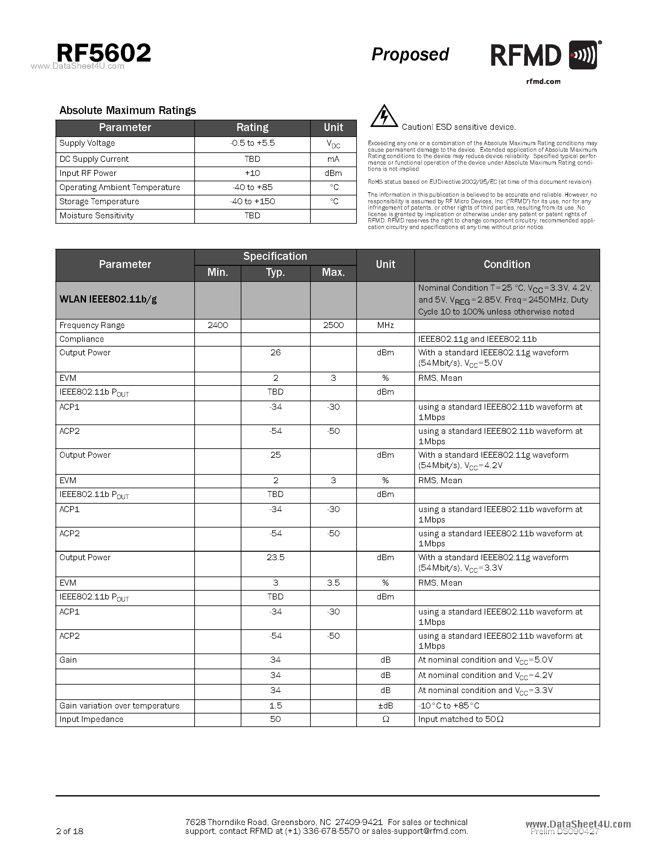 Datasheet RF5602 page 2 Datasheet RF5602 - 3GHz To 2.7GHz Linear Power Amplifier page 2