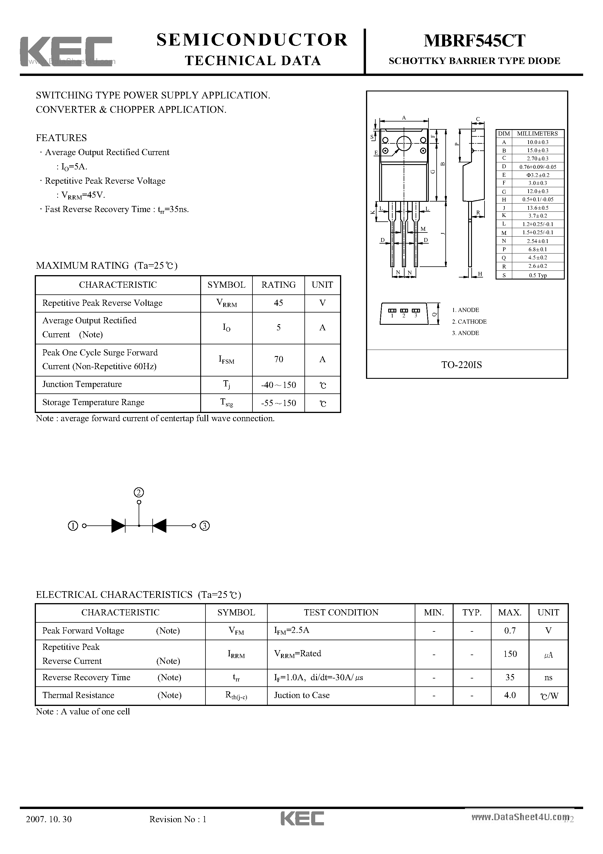 Datasheet MBRF545CT page 1 Datasheet MBRF545CT - SWITCHING TYPE POWER SUPPLY APPLICATION CONVERTER & CHOPPER APPLICATION page 1