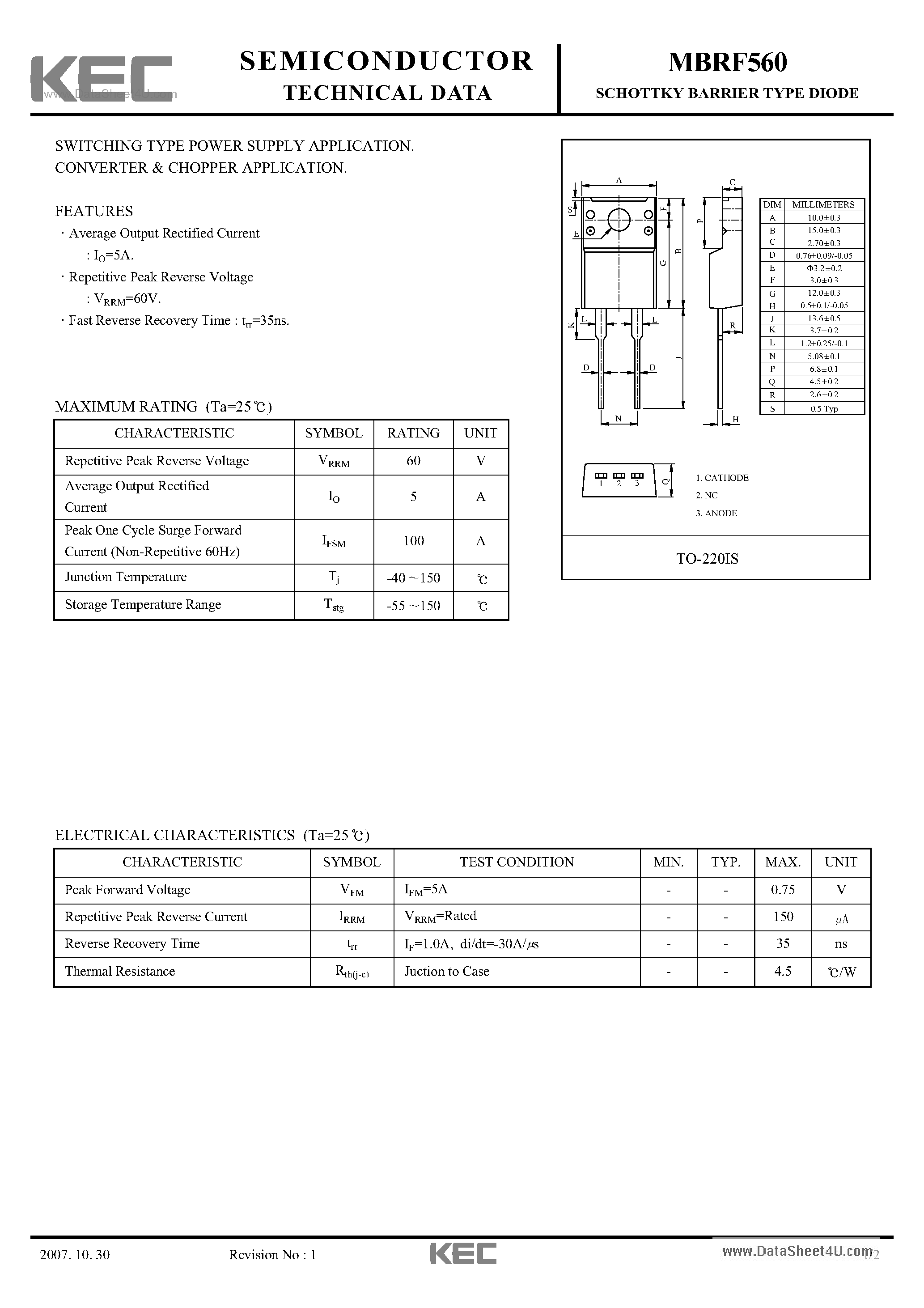 Datasheet MBRF560 page 1 Datasheet MBRF560 - SWITCHING TYPE POWER SUPPLY APPLICATION CONVERTER & CHOPPER APPLICATION page 1