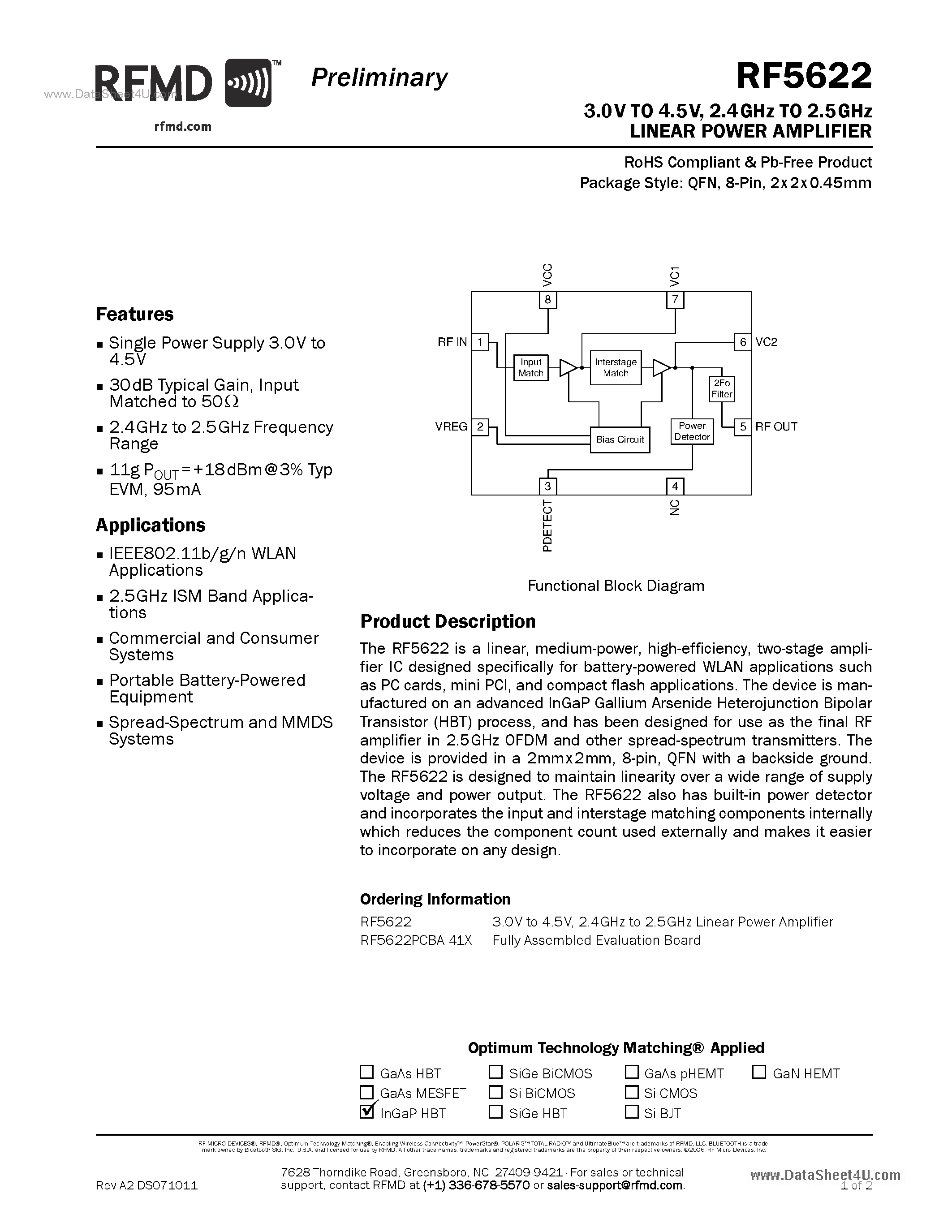 Datasheet RF5622 page 1 Datasheet RF5622 - 2.4GHz TO 2.5GHz LINEAR POWER AMPLIFIER page 1