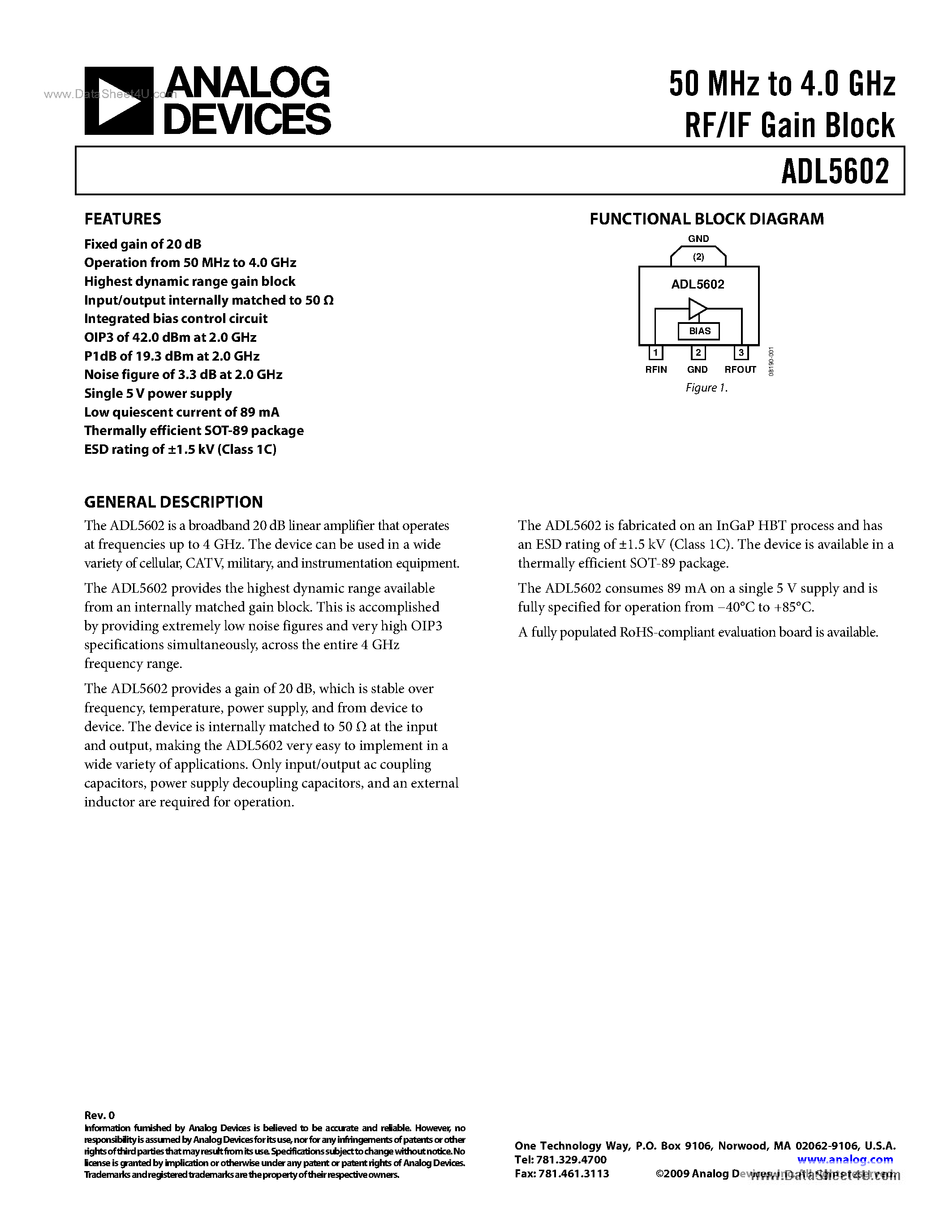 Datasheet ADL5602 - 50 MHz To 4.0 GHz RF/IF Gain Block page 1