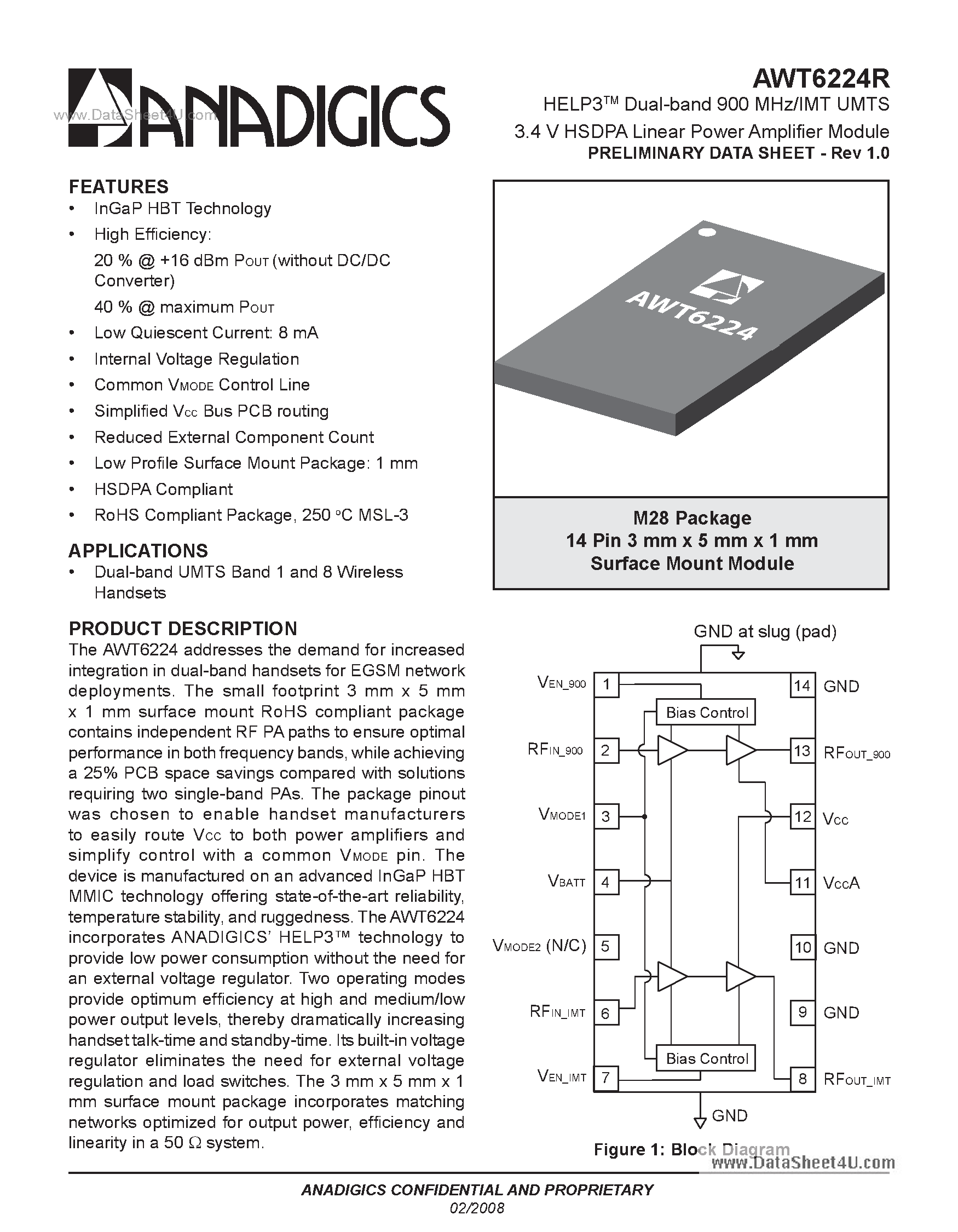 Datasheet AWT6224R page 1 Datasheet AWT6224R - 3.4V HSDPA Linear Power Amplifier Module page 1