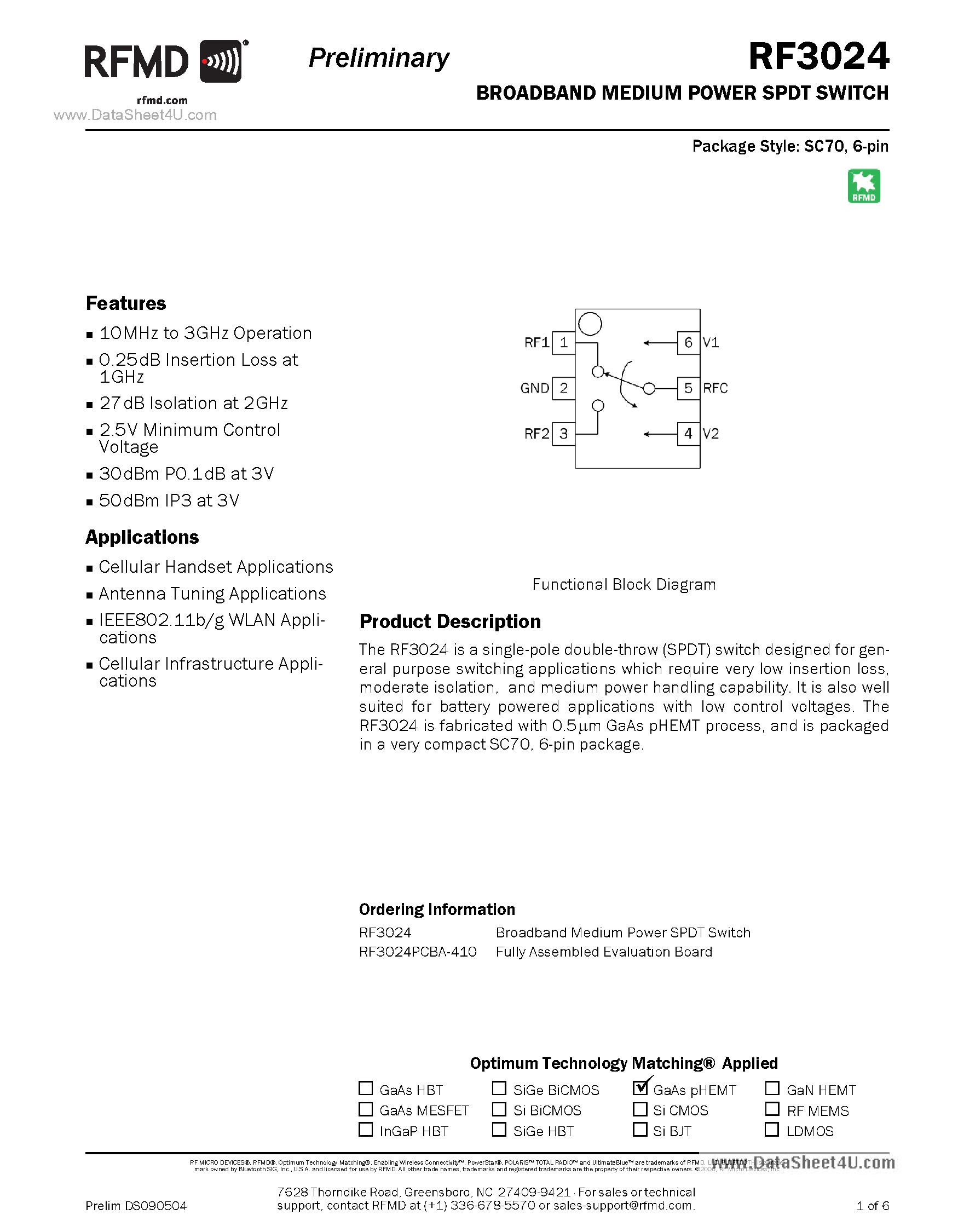 Datasheet RF3024 page 1 Datasheet RF3024 - Broadband Medium Power SPDT Switch page 1