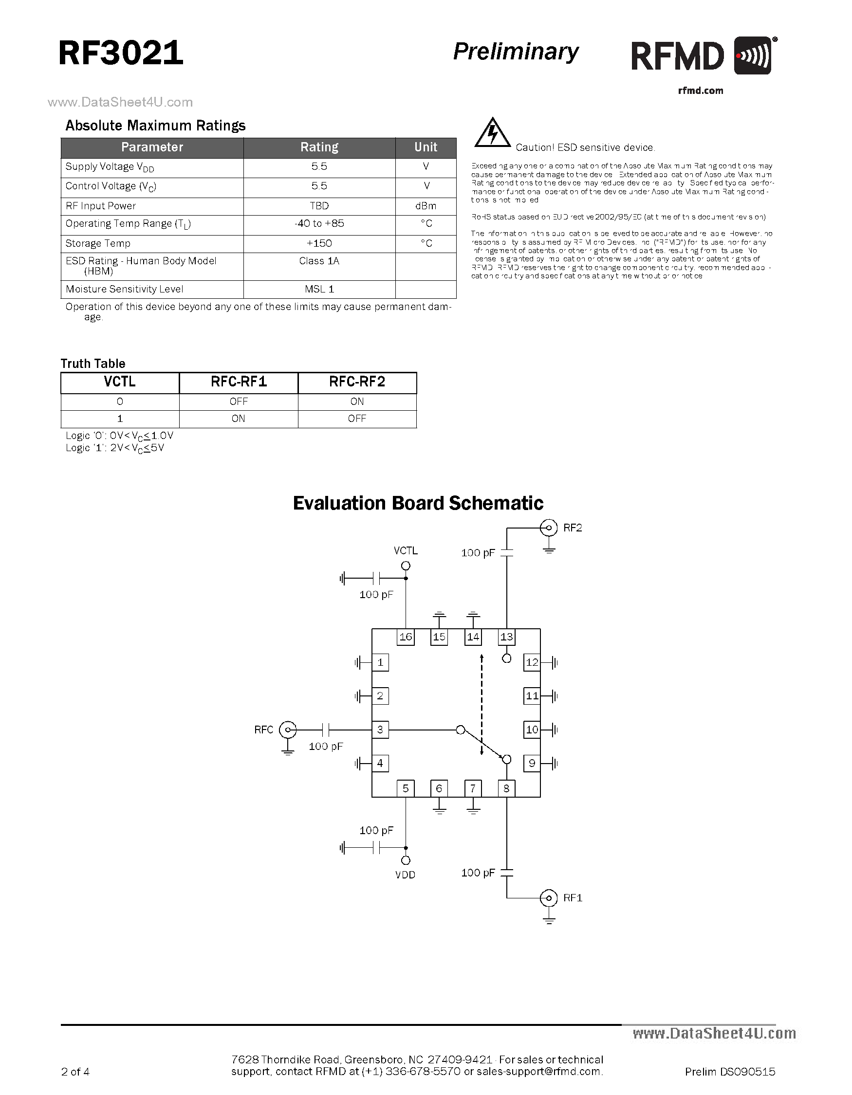 Datasheet RF3021 page 2 Datasheet RF3021 - Switch page 2