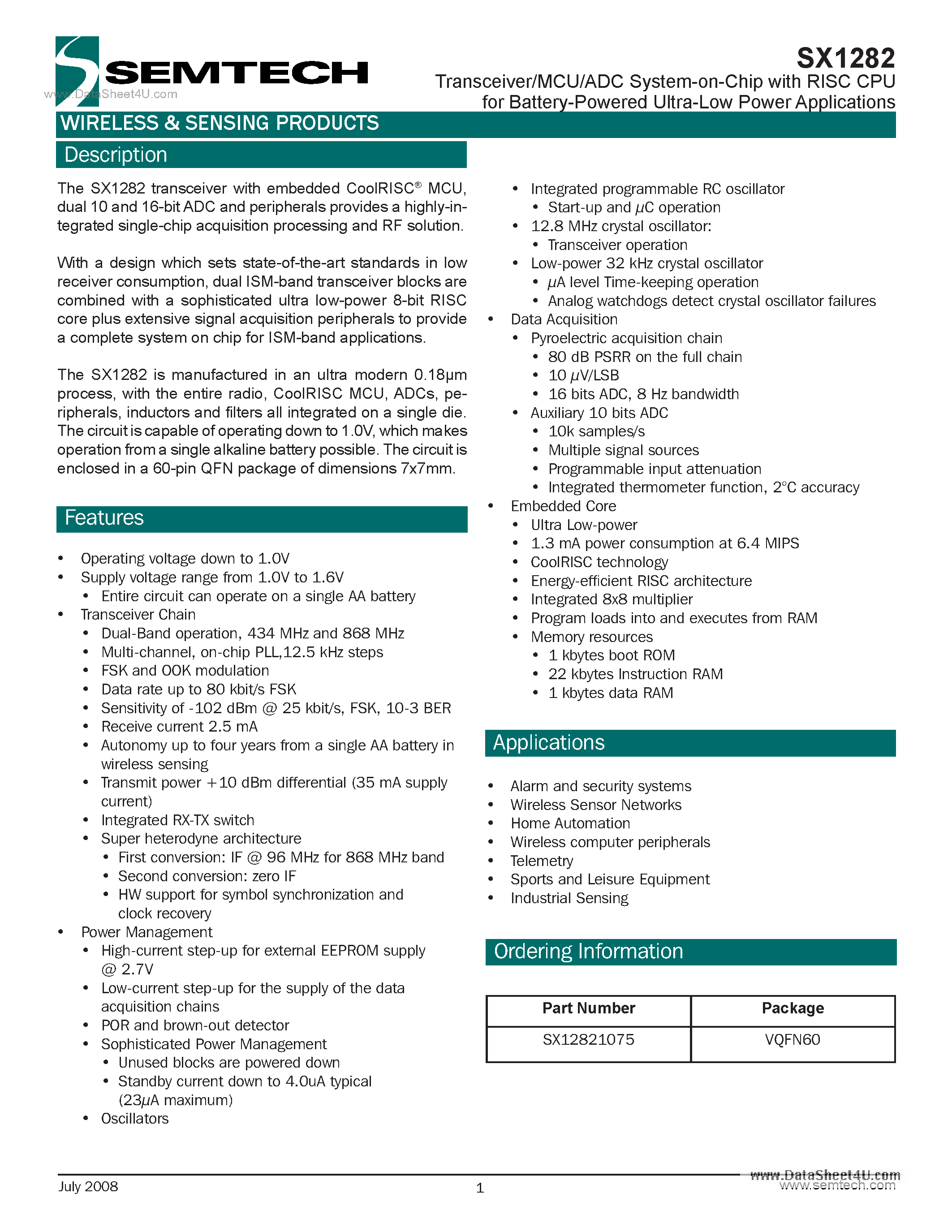 Datasheet SX1282 - Transceiver/MCU/ADC System-on-Chip page 1