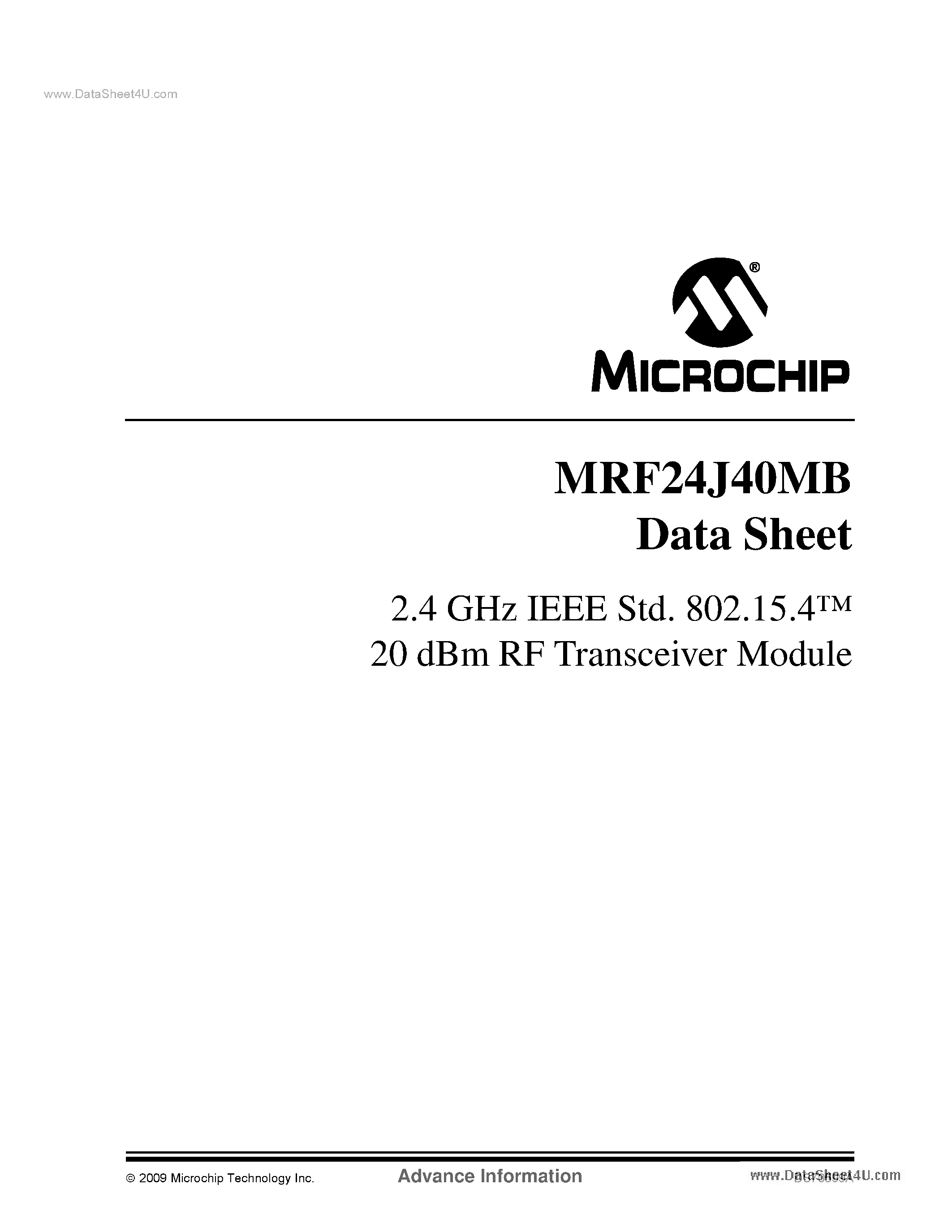 Даташит на микросхему MRF24J40MB страница 1 Даташит MRF24J40MB - 2.4 GHz IEEE 802.15.4 power radio transceiver module intended страница 1