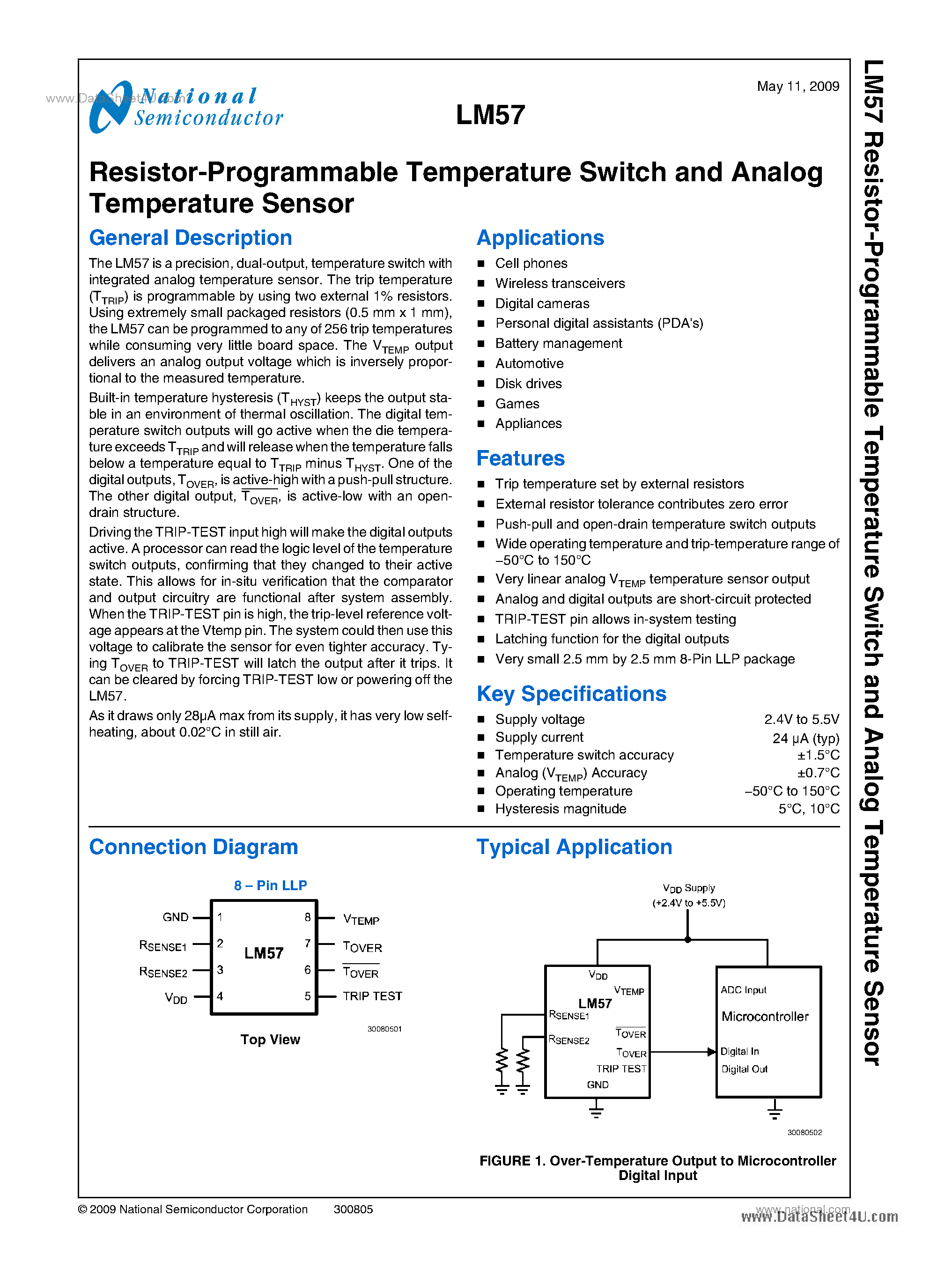 Даташит LM57 - Resistor-Programmable Temperature Switch And Analog Temperature Sensor страница 1