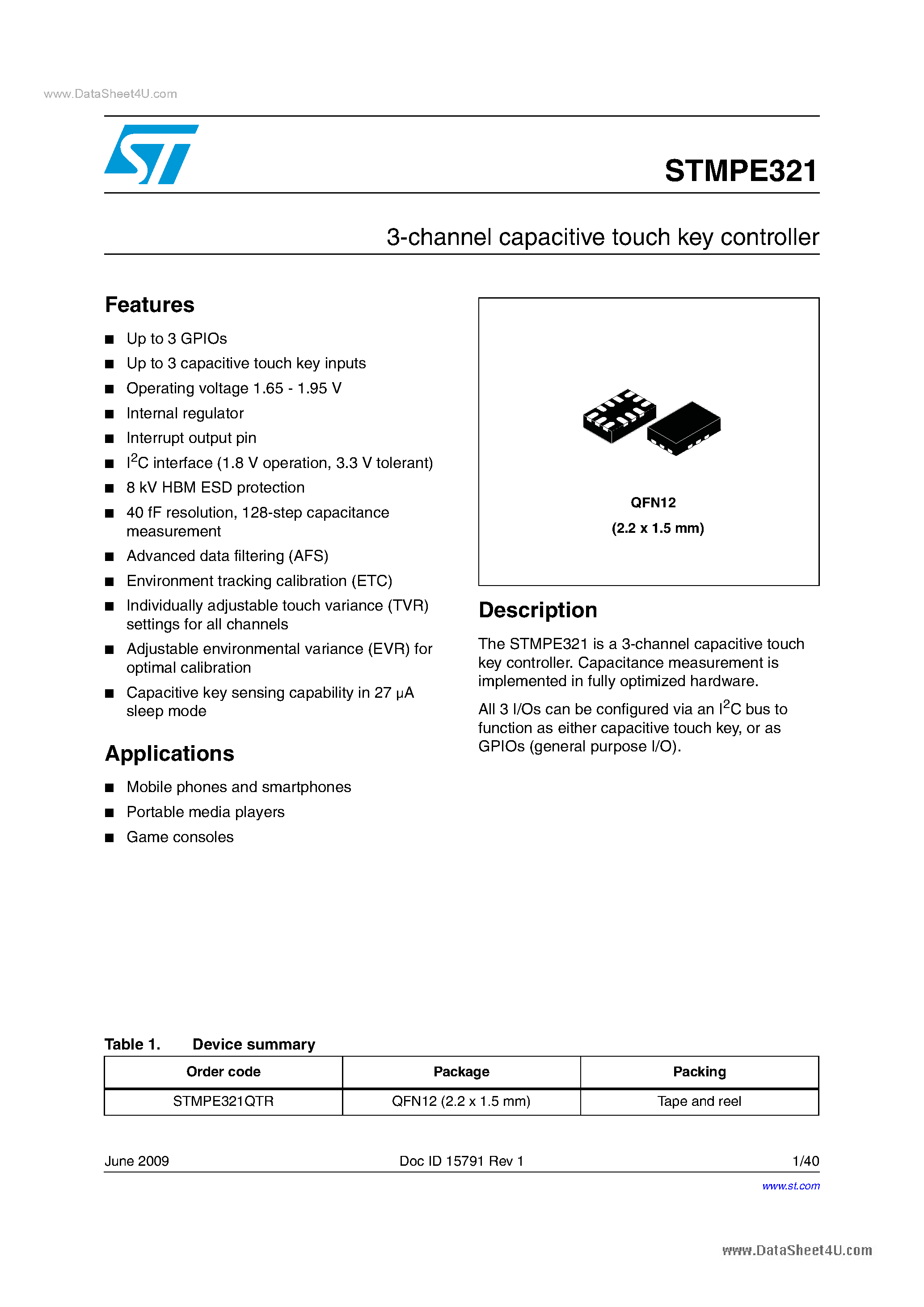 Datasheet STMPE321 - 3-channel capacitive touch key controller page 1
