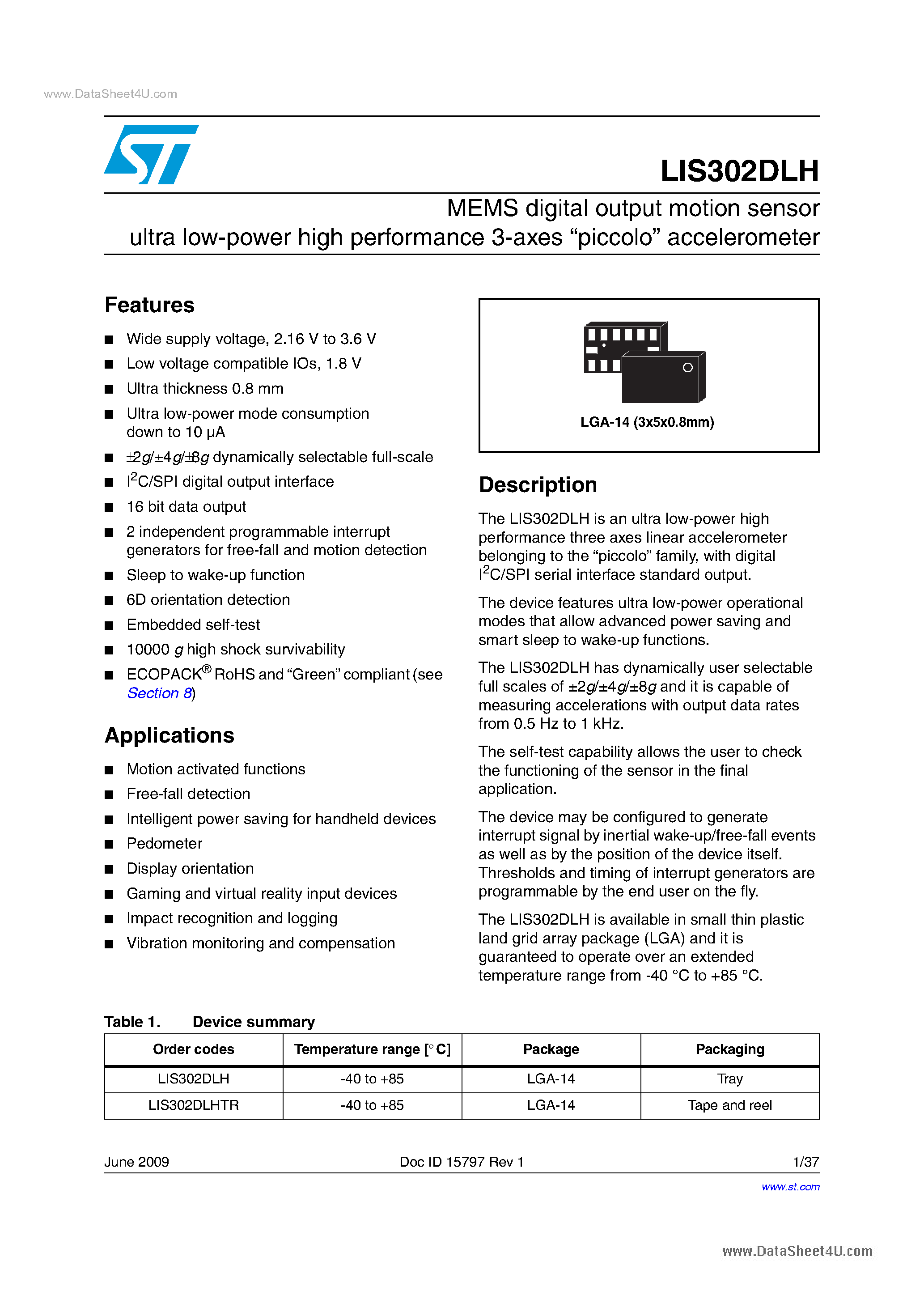 Datasheet LIS302DLH - MEMS digital output motion sensor ultra low-power high performance 3-axes piccolo accelerometer page 1