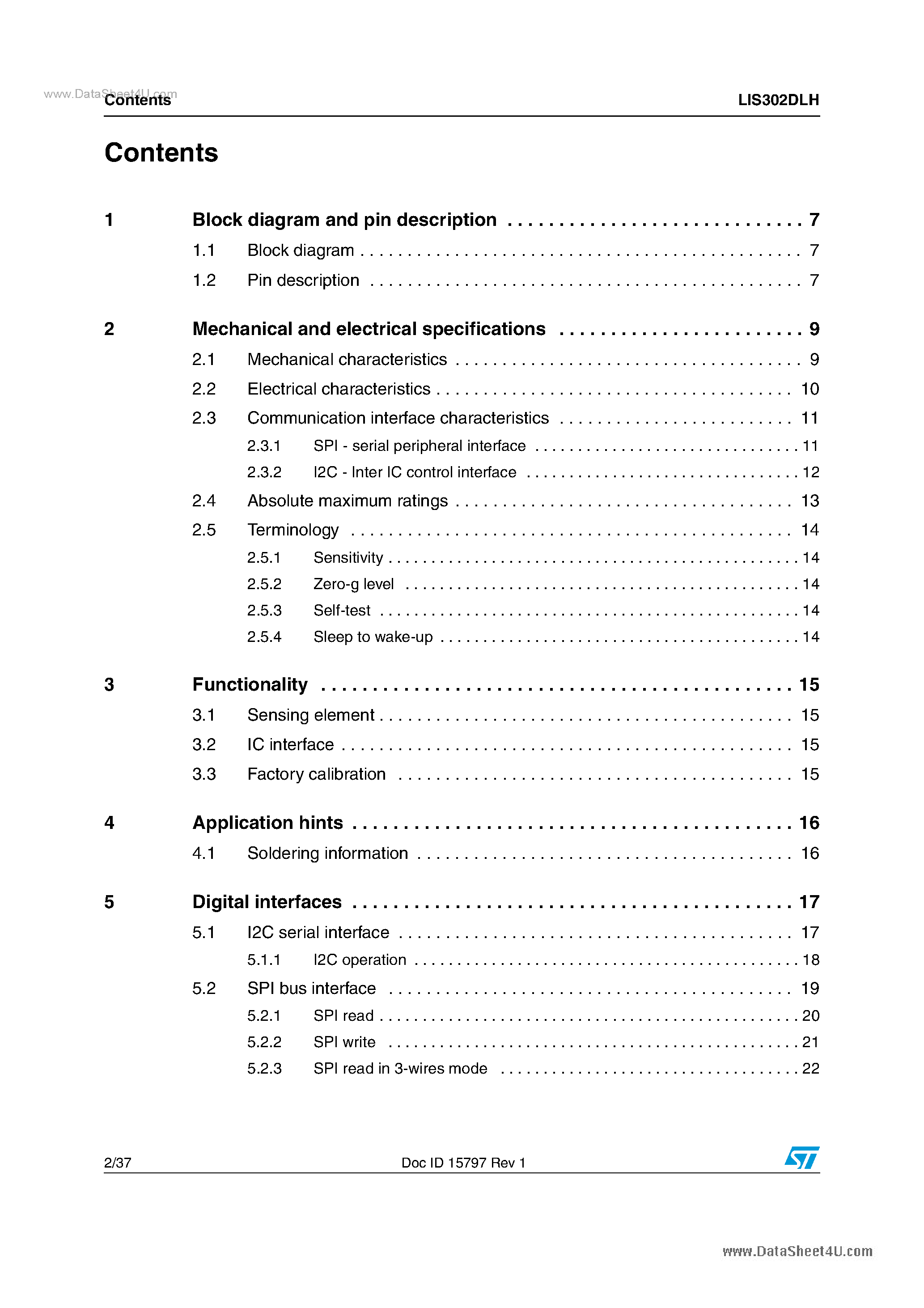 Datasheet LIS302DLH - MEMS digital output motion sensor ultra low-power high performance 3-axes piccolo accelerometer page 2