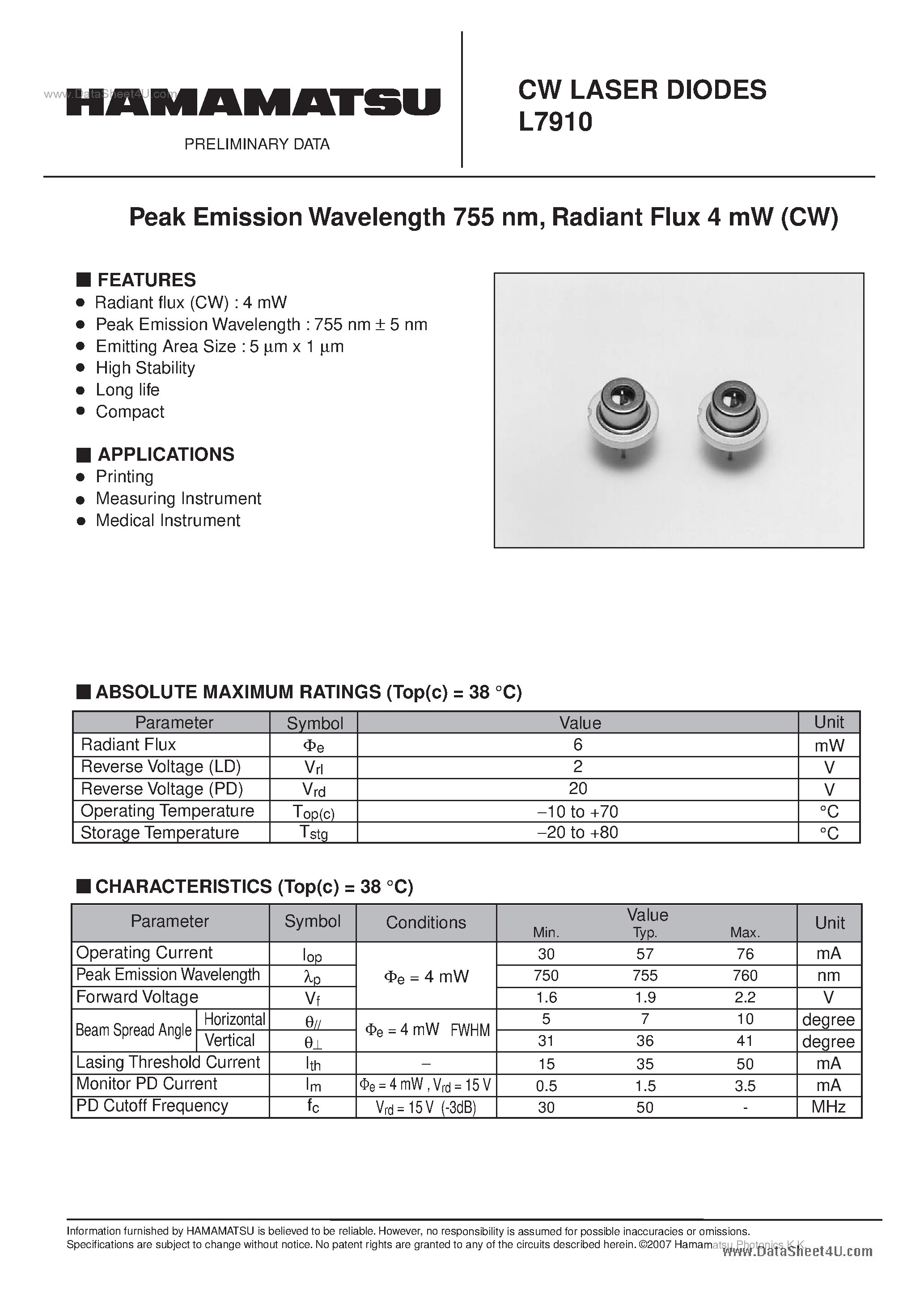 Datasheet L7910 - 755nm CW Laser Diode page 1