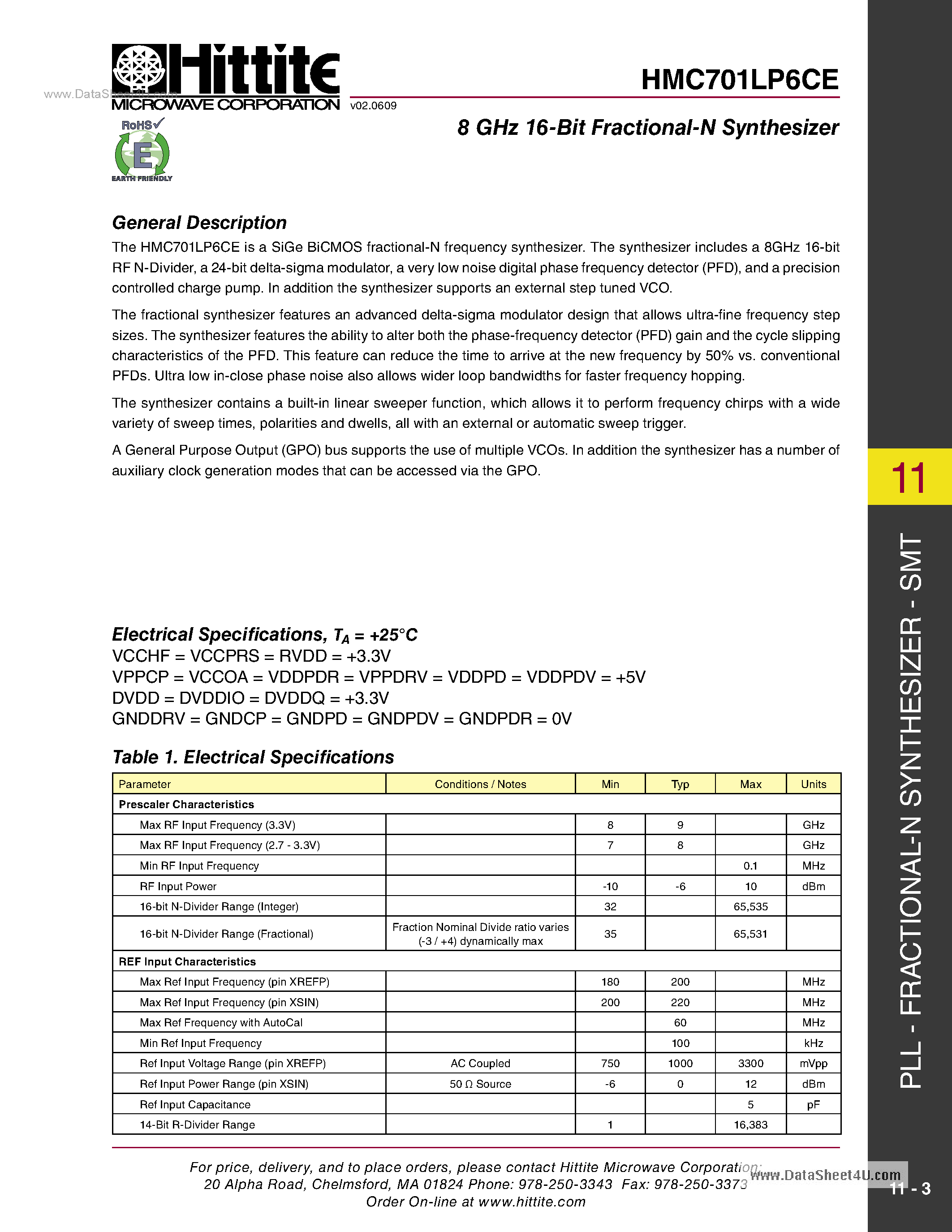 Datasheet HMC701LP6CE page 2 Datasheet HMC701LP6CE - 8 GHz 16-bit Fractional-N Synthesizer page 2