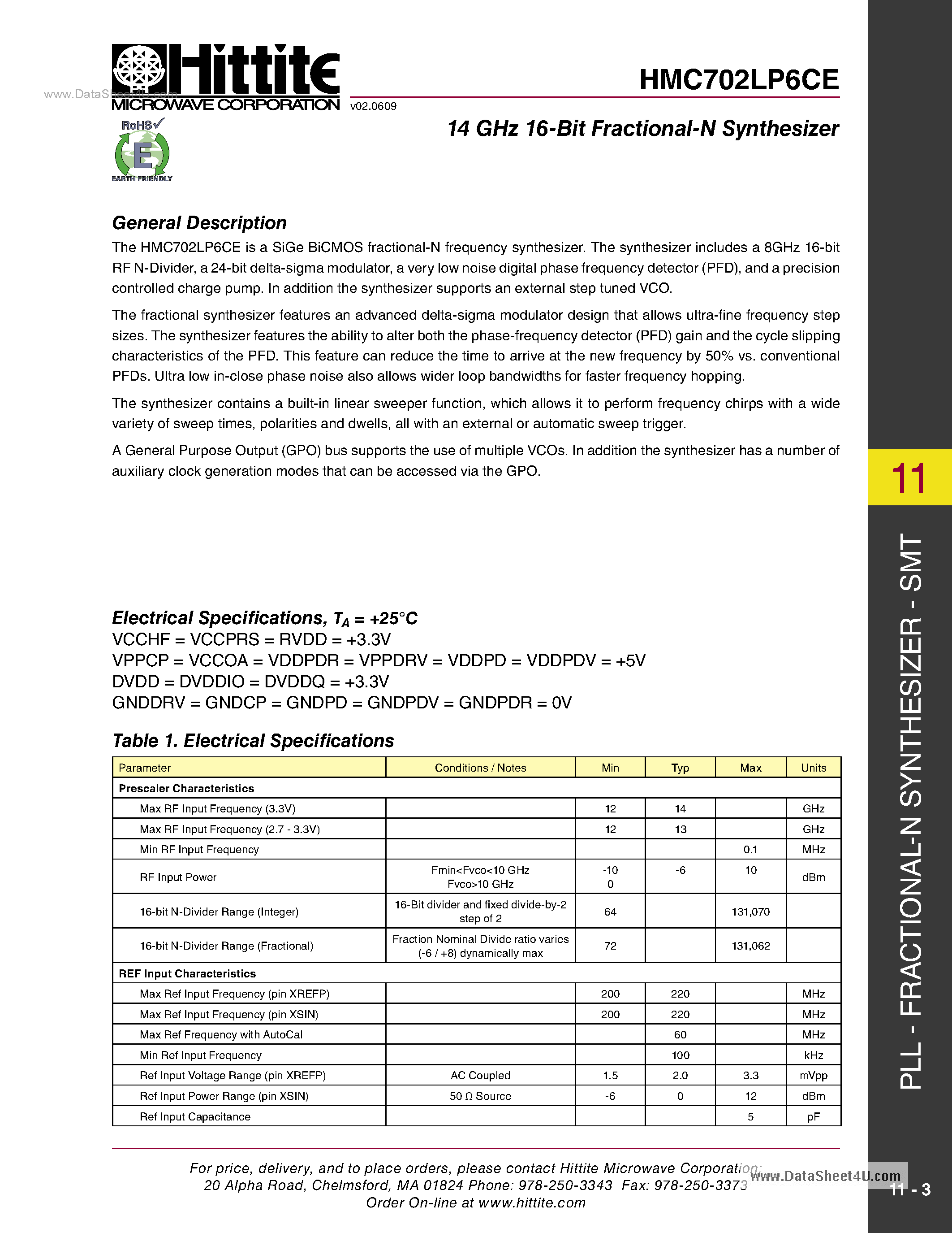Datasheet HMC702LP6CE page 2 Datasheet HMC702LP6CE - 14 GHz 16-bit Fractional-N Synthesizer page 2